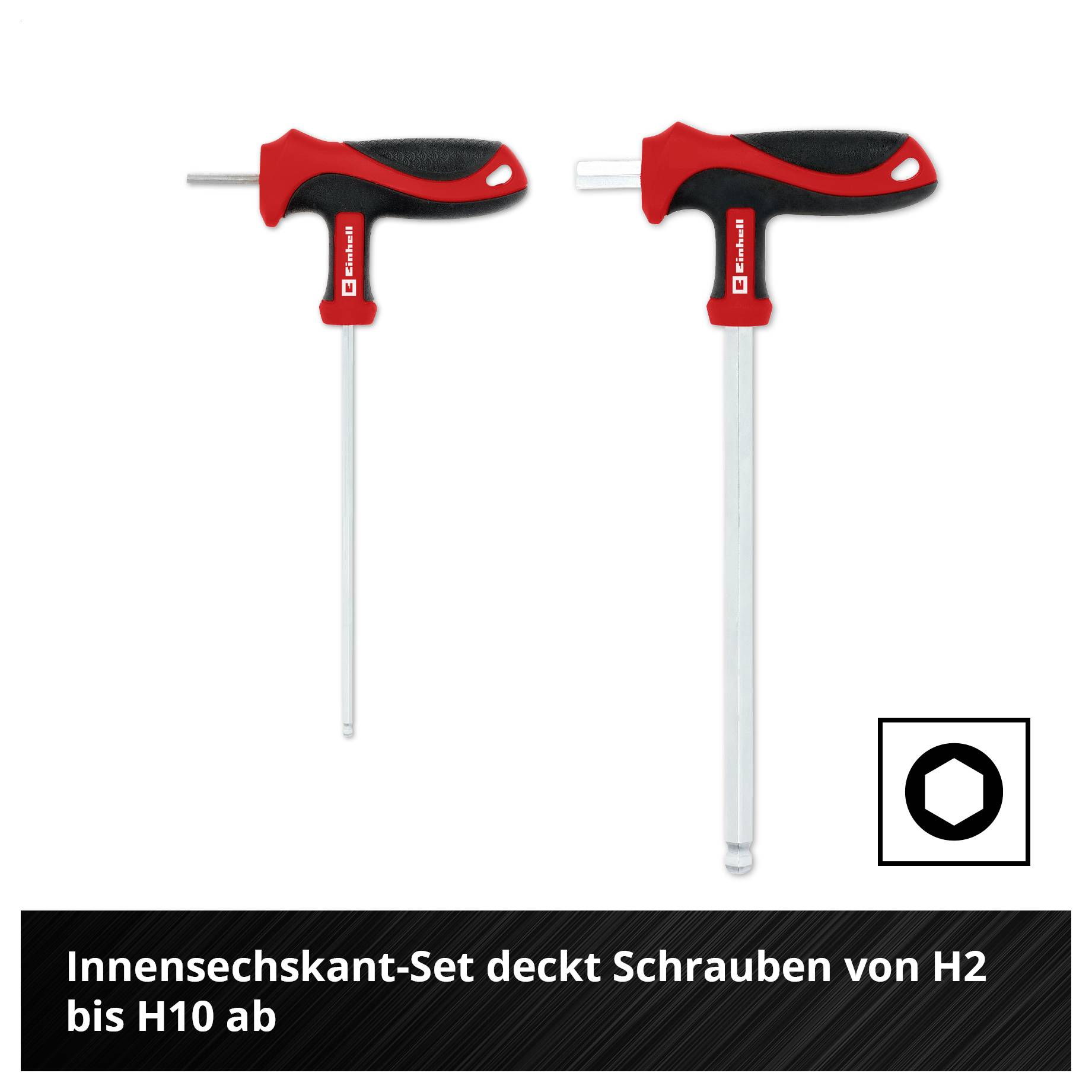 Satz von zwei roten T-Griff-Innensechskantschlüsseln; Text: Innensechskant-Set deckt Schrauben von H2 bis H10 ab.