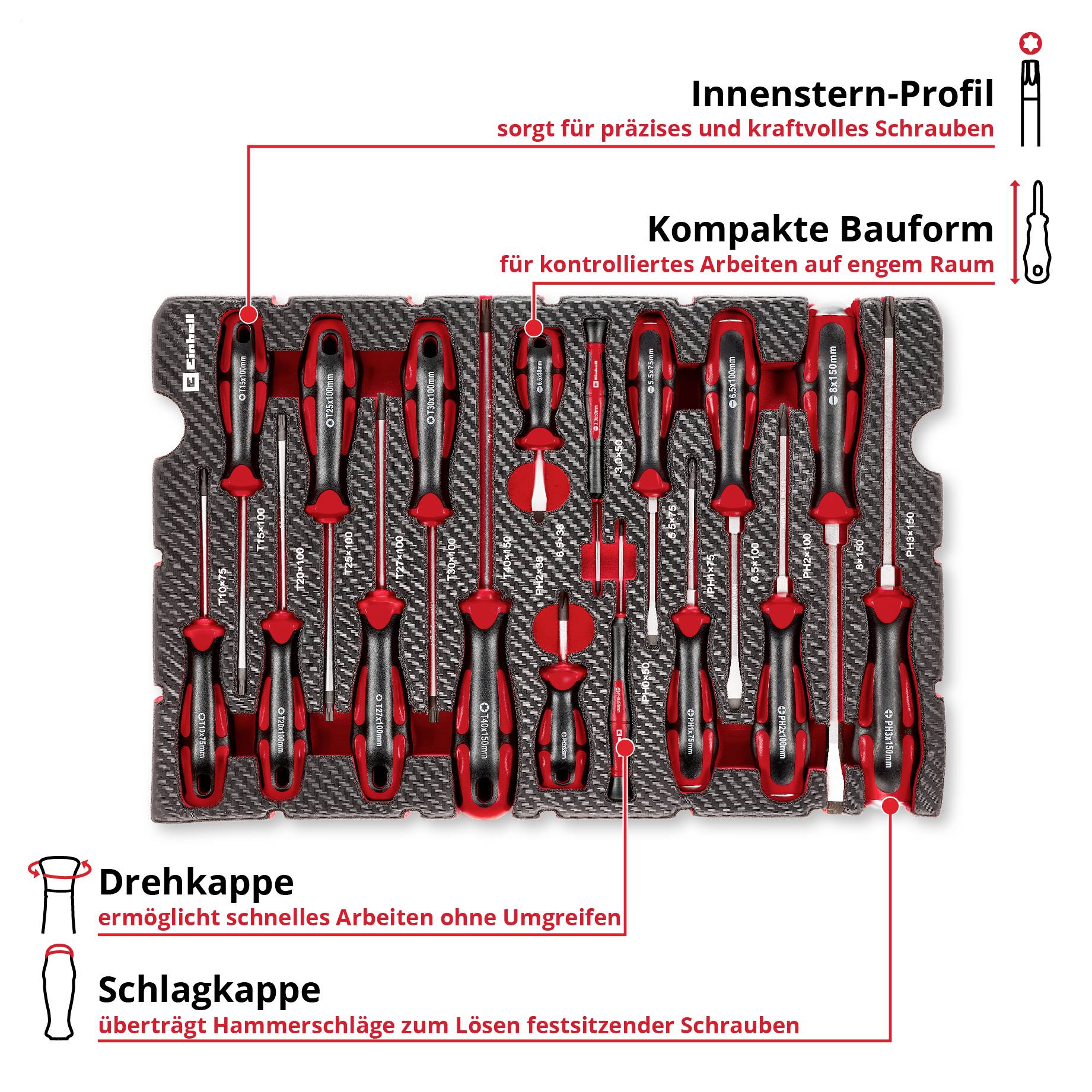 Werkzeug-Satz mit verschiedenen Schraubendrehern auf dunkler Unterlage. Markierungen heben Funktionen wie Innenstern-Profil und Schlagkappe hervor.