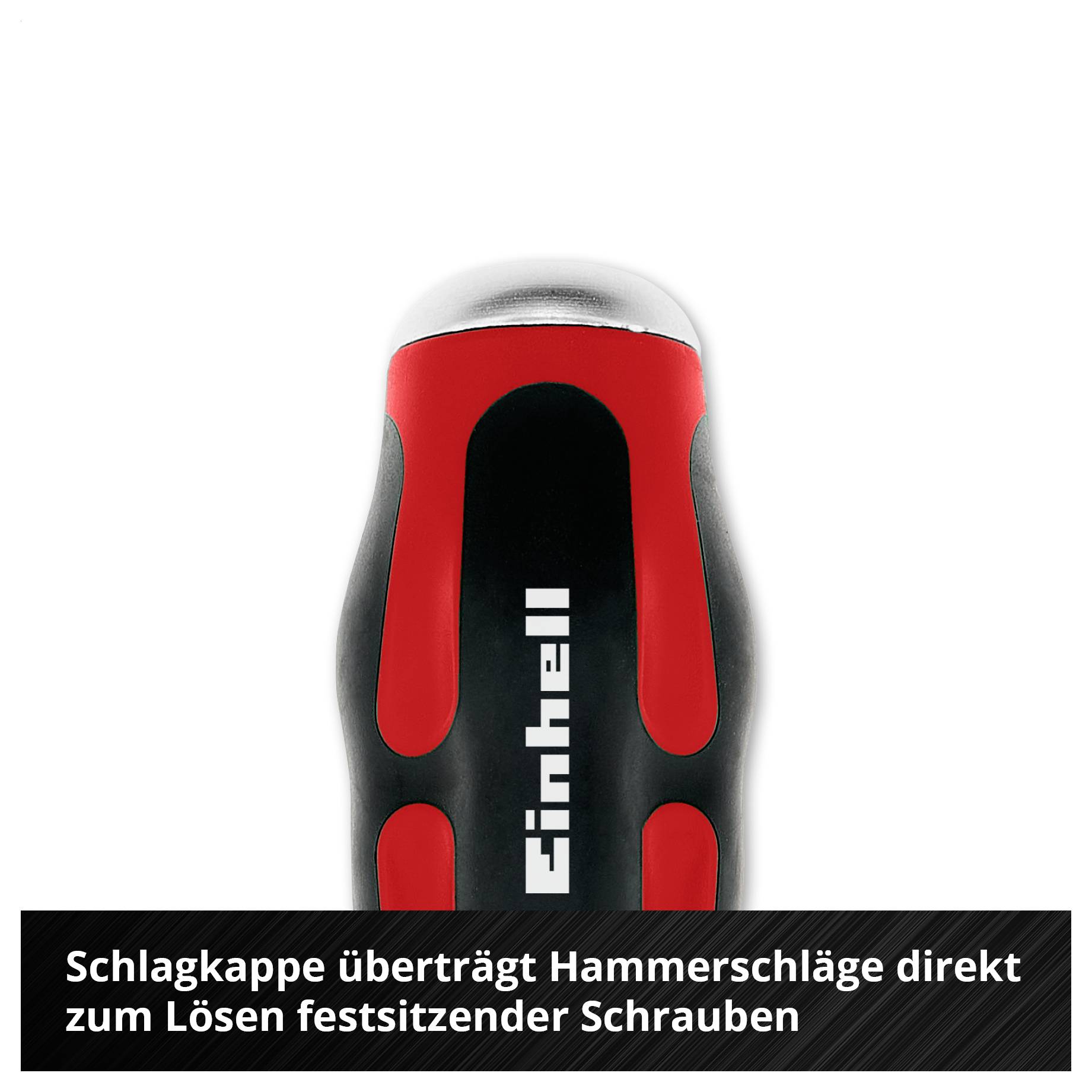 Ein roter Schraubendreher mit Schlagkappe. Text: 'Schlagkappe überträgt Hammerschläge direkt zum Lösen festsitzender Schrauben'.
