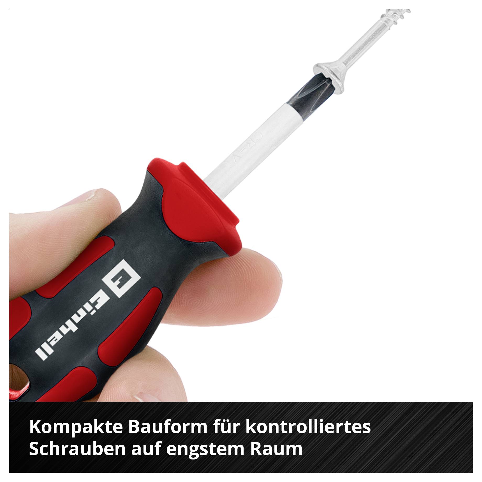 Ein Hand hält einen kleinen Schraubendreher mit rotem Griff. Text: 'Kompakte Bauform für kontrolliertes Schrauben auf engem Raum.'