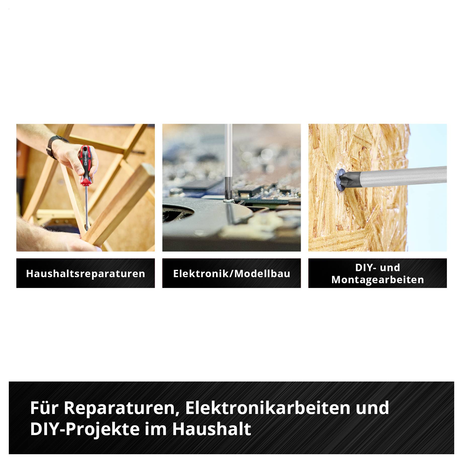 Drei Bilder zeigen Heimwerkerarbeiten: Haushaltsreparaturen, Elektronik/Modellbau, DIY- und Montagearbeiten für Reparaturen im Haushalt.