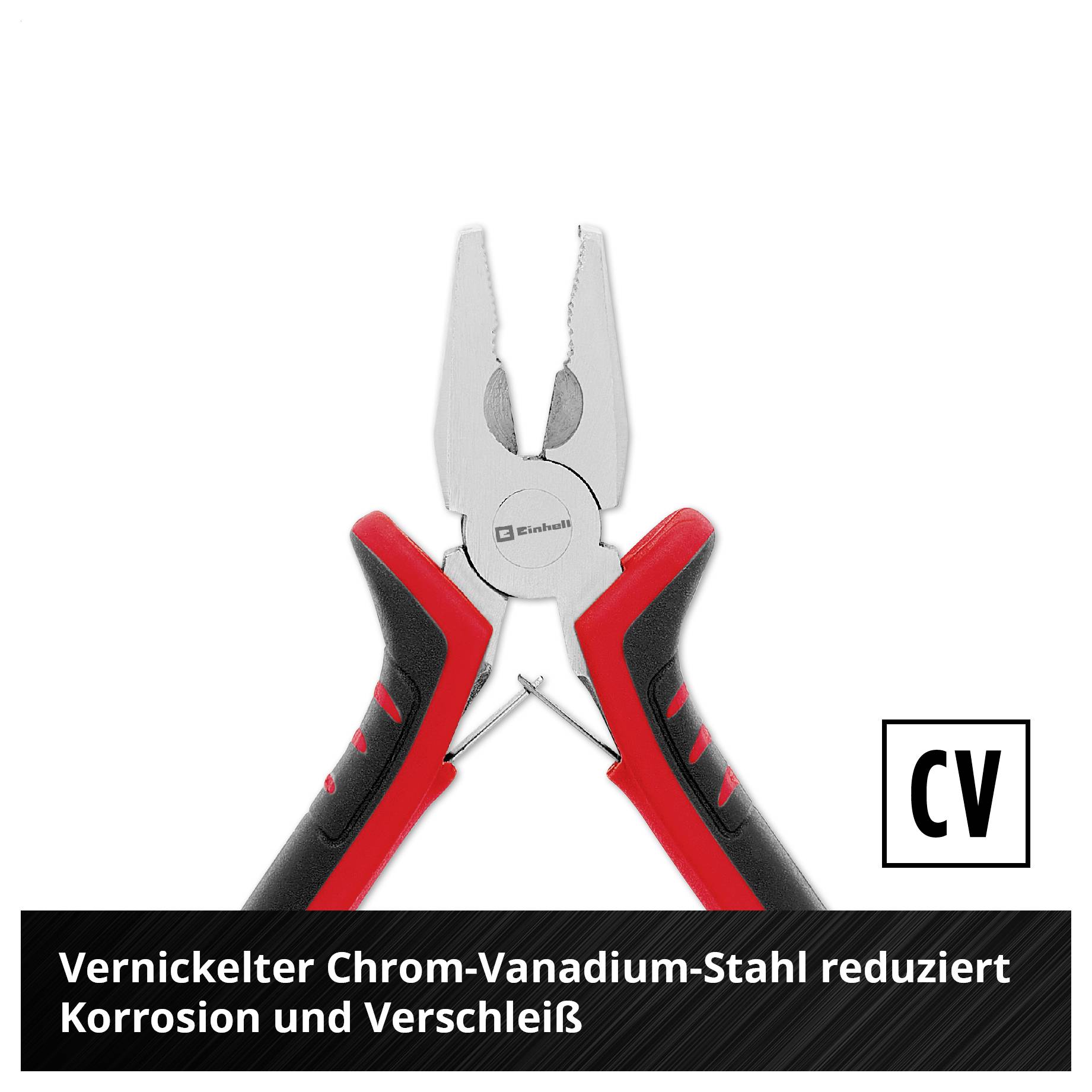 Rote Zange aus vernickeltem Chrom-Vanadium-Stahl. Text: Vernickelter Chrom-Vanadium-Stahl reduziert Korrosion und Verschleiß.