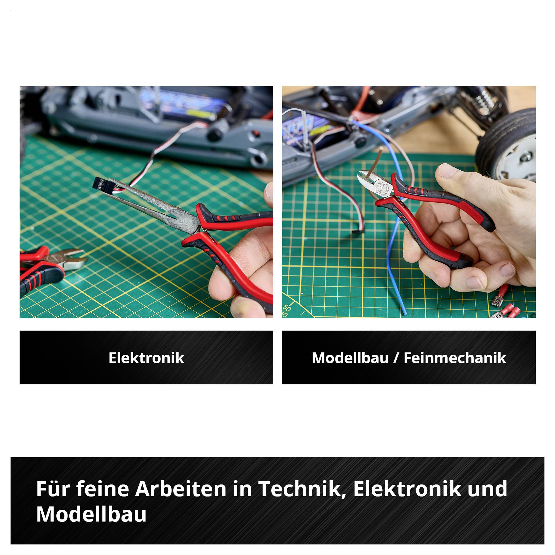 Eine rote Zange schneidet Kabel auf einer grünen Arbeitsfläche. Text im Bild: 'Elektronik' und 'Modellbau / Feinmechanik'.