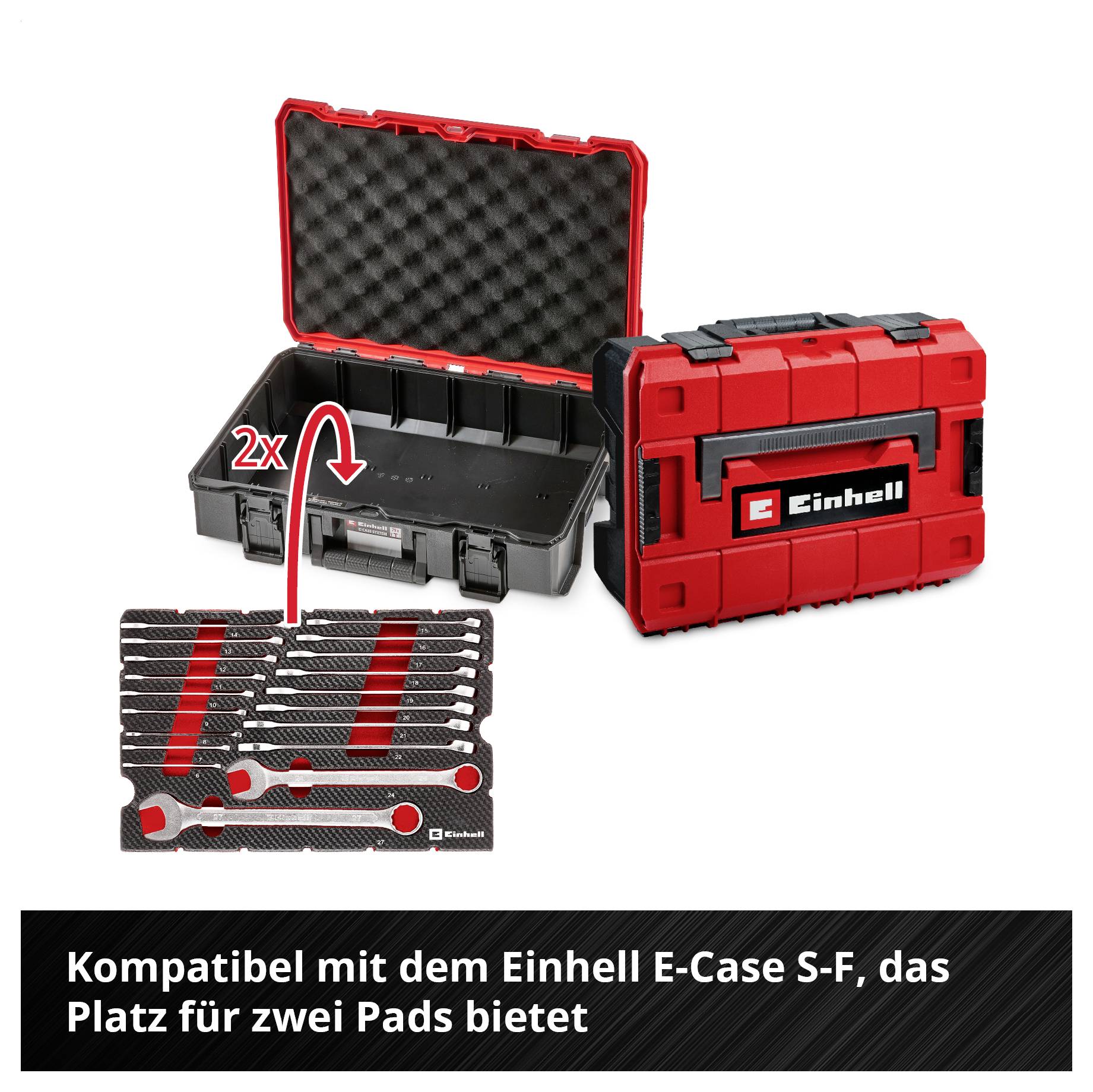 Kompatibel mit dem Einhell E-Case S-F, bietet Platz für zwei Pad-Einlagen, dargestellt mit offenem und geschlossenem Koffer.