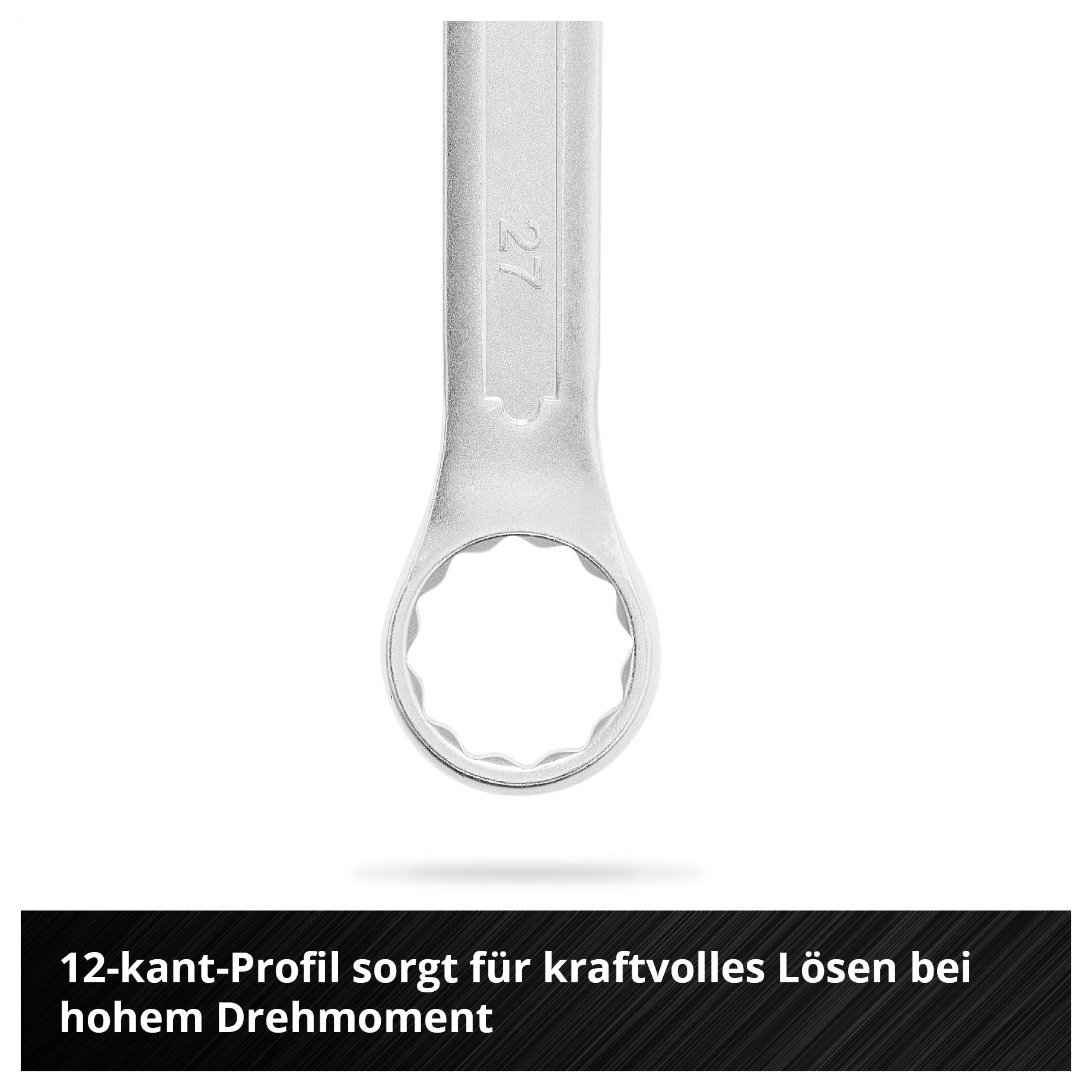 Ein verchromter Ringschlüssel mit 12-kant-Profil wird gezeigt. Text unten: '12-kant-Profil sorgt für kraftvolles Lösen bei hohem Drehmoment'.