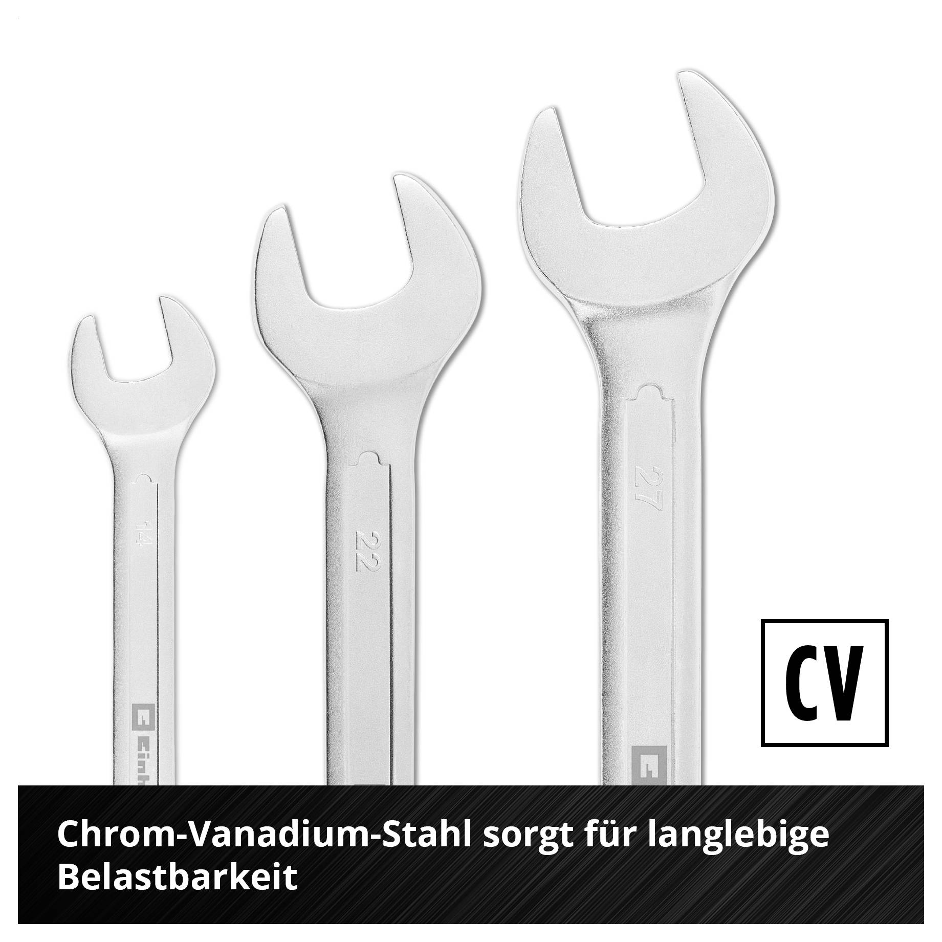 Drei Schraubenschlüssel aus Chrom-Vanadium-Stahl unterschiedlicher Größe. Text: Chrom-Vanadium-Stahl sorgt für langlebige Belastbarkeit.