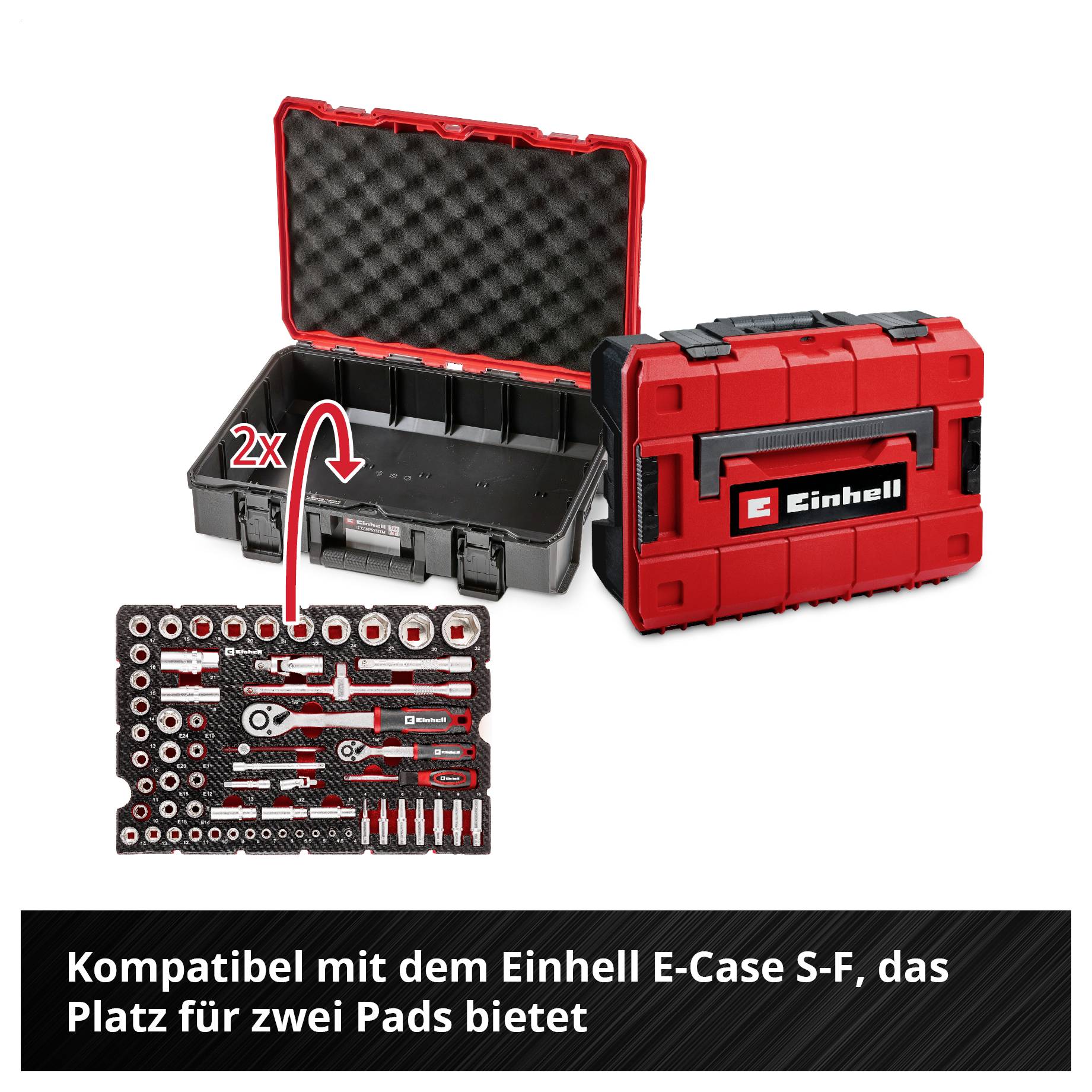 Ein roter Einhell-Werkzeugkoffer geöffnet, zeigt zwei Werkzeugeinlagen. Text: 'Kompatibel mit dem Einhell E-Case S-F'.