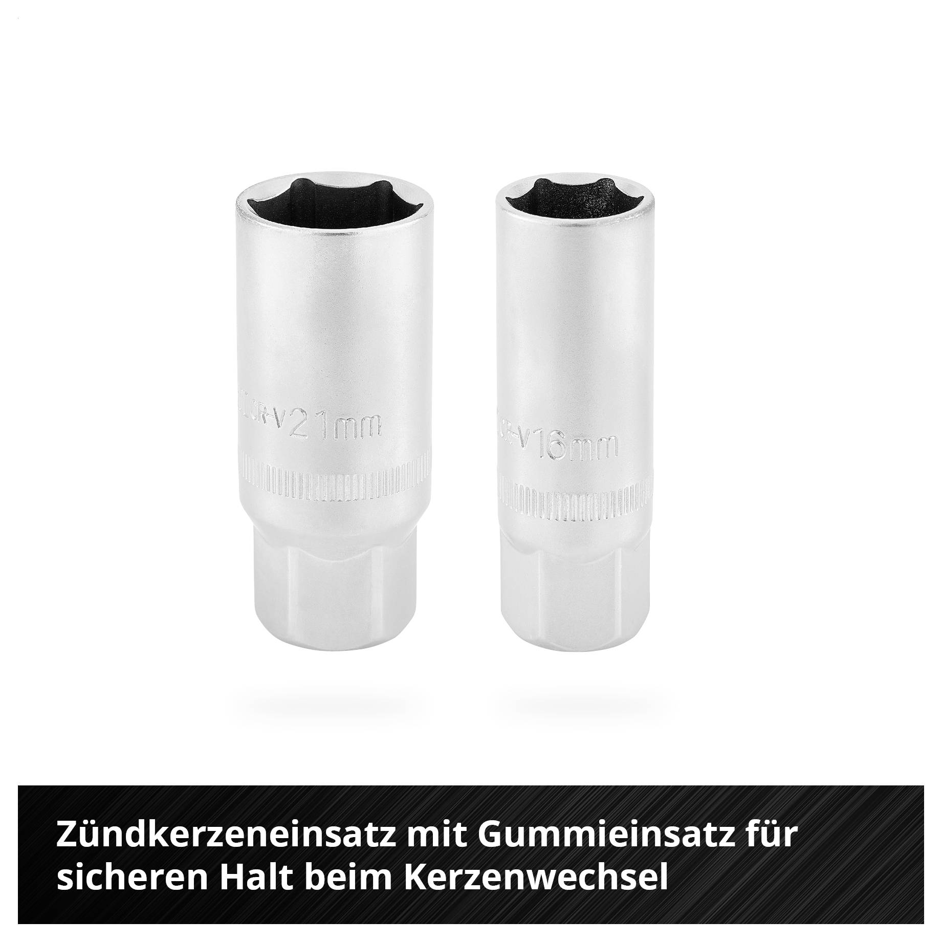 Zwei silberne Zündkerzeneinsätze mit Gummieinsatz für sicheren Halt beim Kerzenwechsel. Text unten: 'Zündkerzeneinsatz mit Gummieinsatz für sicheren Halt beim Kerzenwechsel'.