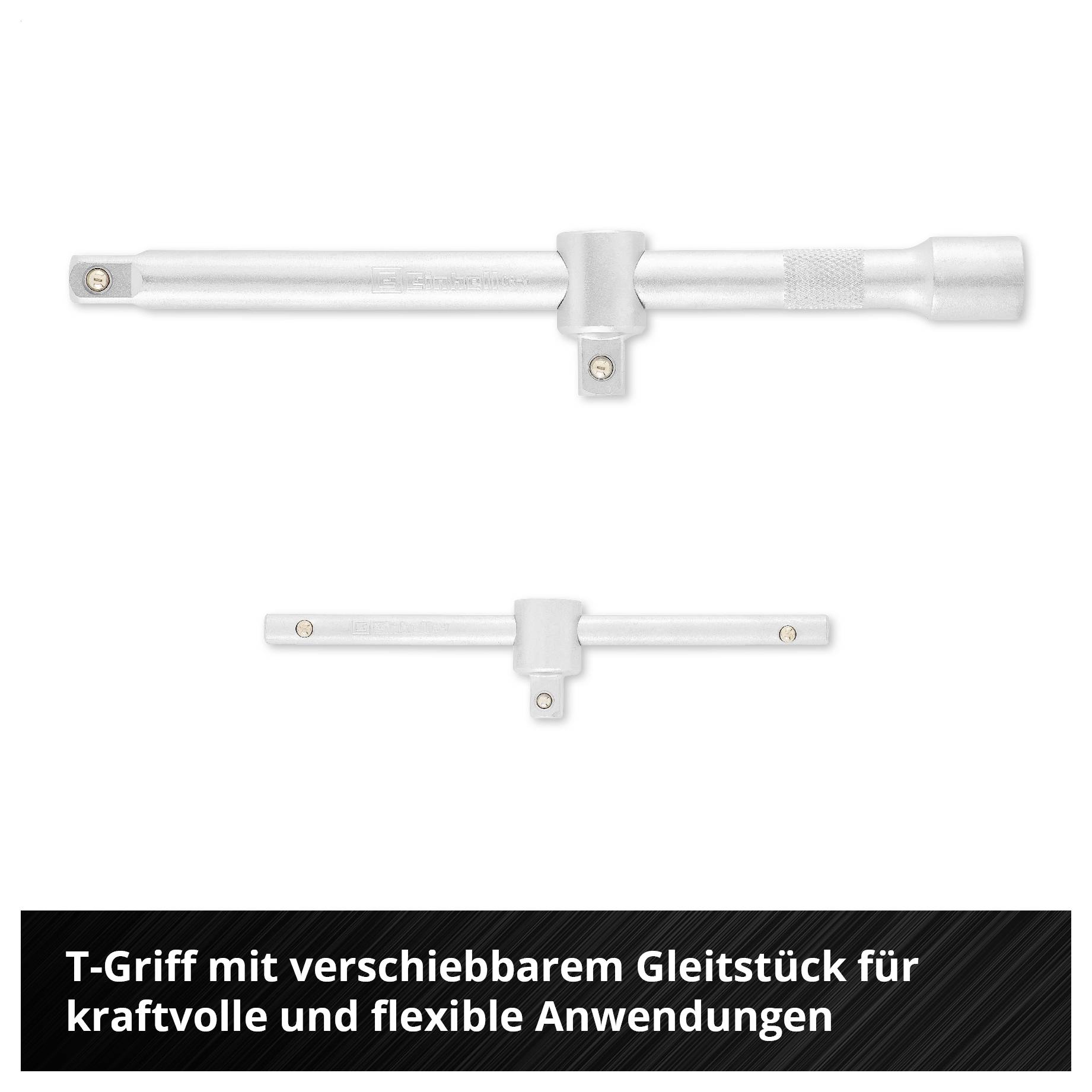 'T-Griff mit verschiebbarem Gleitstück für kraftvolle und flexible Anwendungen.' Ein Werkzeug in T-Form aus Metall wird gezeigt.