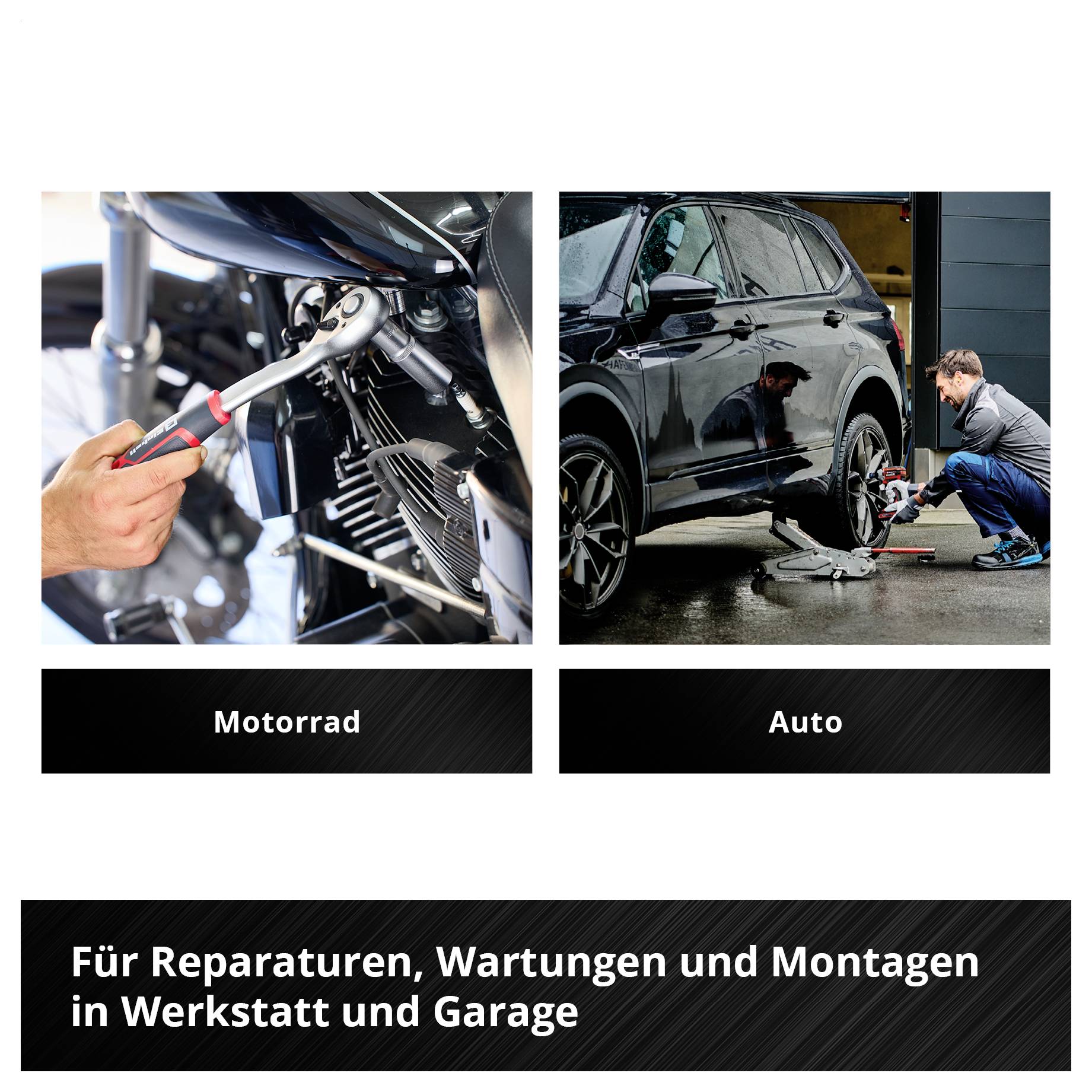 'Motorrad' zeigt mechanische Arbeit an Motorrad. 'Auto' zeigt Reifenwechsel in Werkstatt. Für Reparaturen, Wartungen und Montagen.