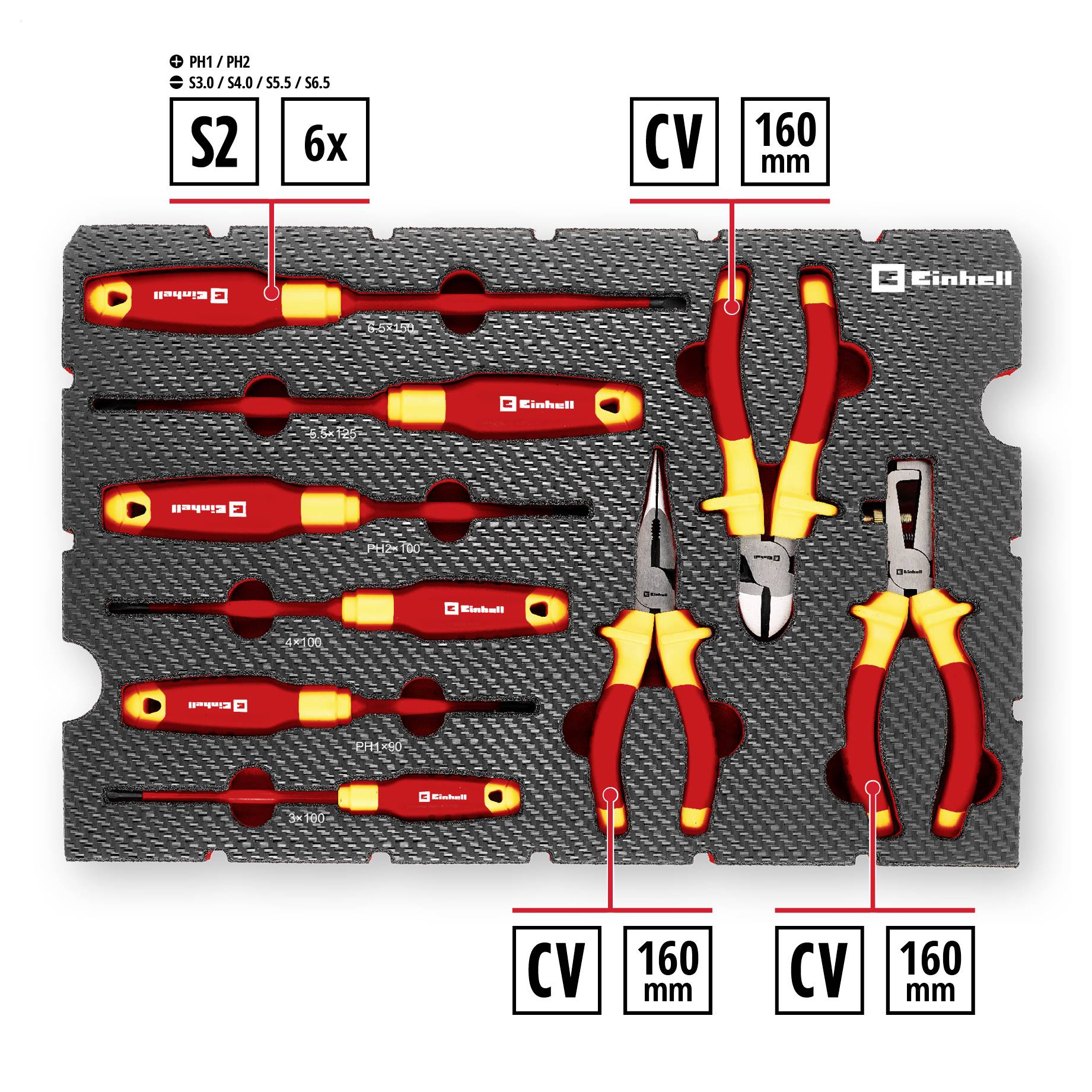 Schaumstoffeinlage mit Schraubendrehern, Zangen und Symbolen von Einhell. Beschriftungen zeigen Größen und Materialtypen der Werkzeuge.