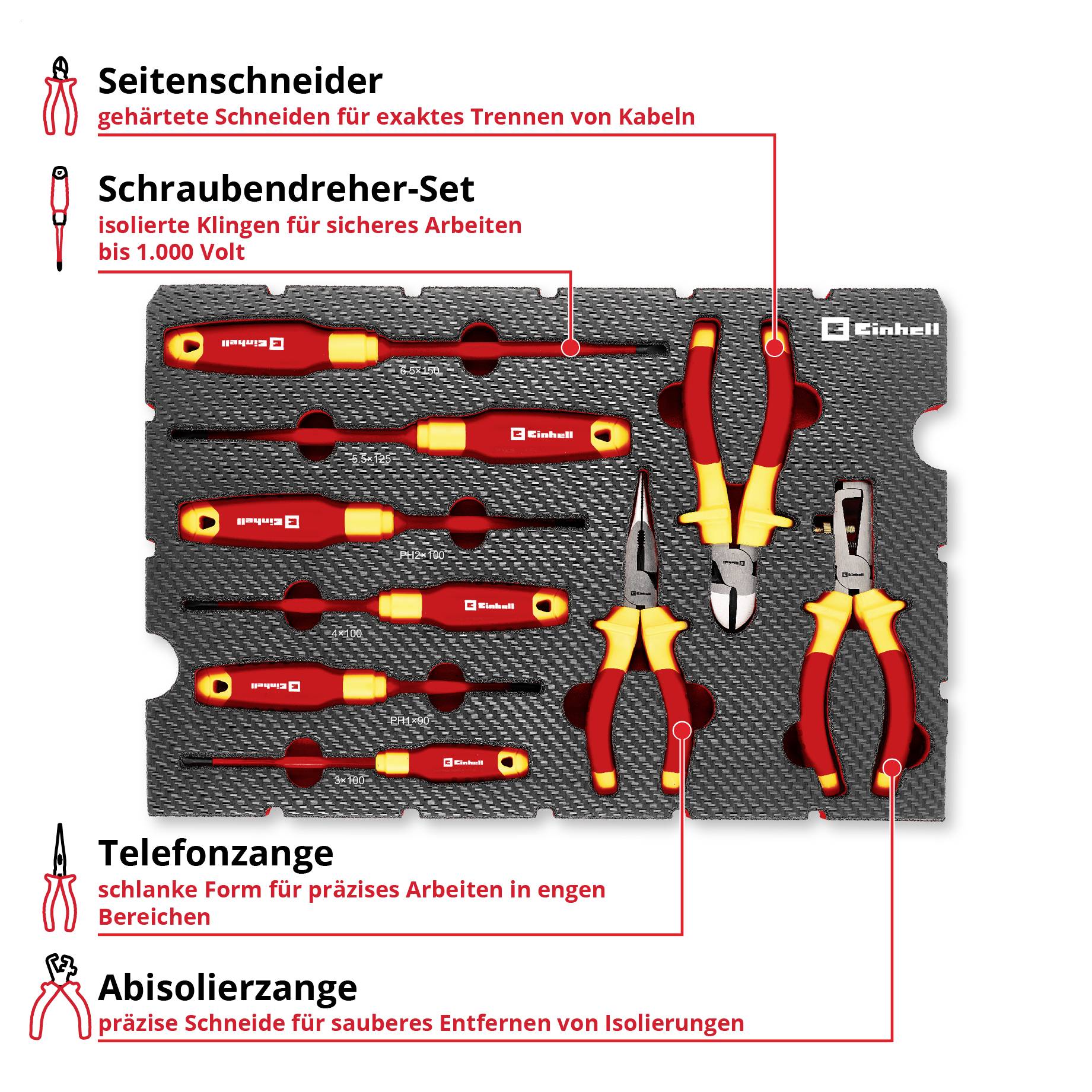 'Einhell Werkzeugset': Seiten-/Telefonzange, Schraubendreher. Gehäuse mit Steckplätzen für jedes Werkzeug. Präzise und sichere Handhabung.