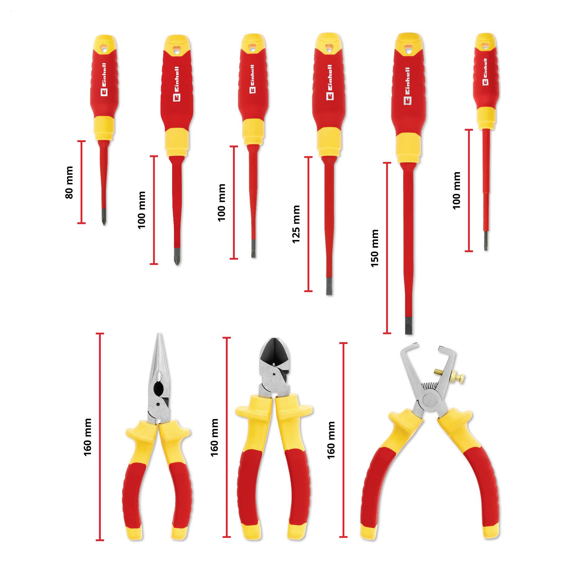 Im Bild sind verschiedene isolierte Schraubendreher und Zangen mit Längenangaben dargestellt. Die Werkzeuge sind in Rot und Gelb.