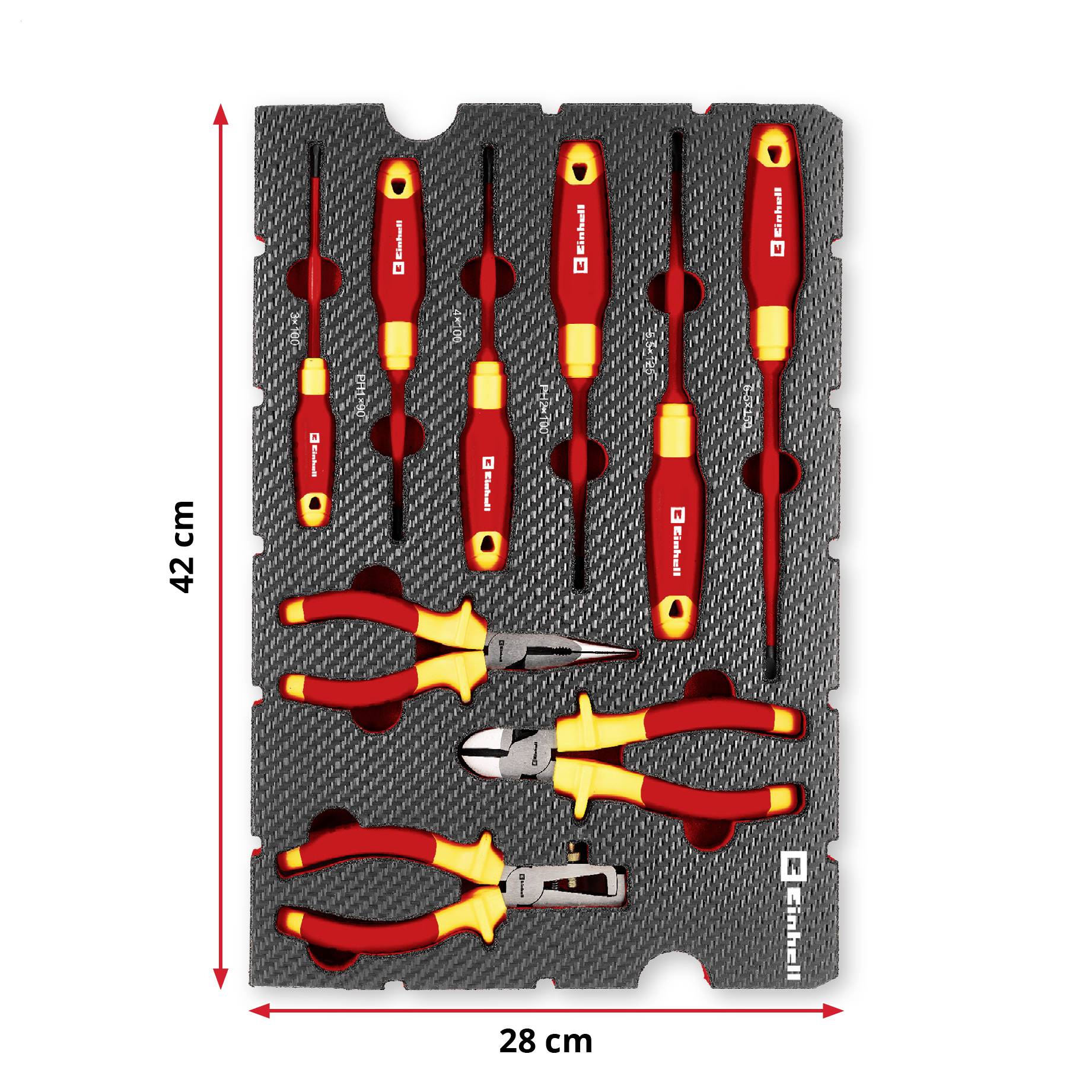 Schaumstoffeinlage mit Schraubendrehern und Zangen, rot-gelbe Griffe, enthält vier Schraubendreher und drei Zangen. Maße: 42 cm x 28 cm.