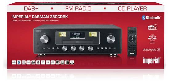 'IMPERIAL DABMAN 280CDBK' verfügt über DAB+/FM-Radio, CD-Player, USB, Bluetooth. Die Verpackung hebt digitale Audiofunktionen und Markenlogos hervor.