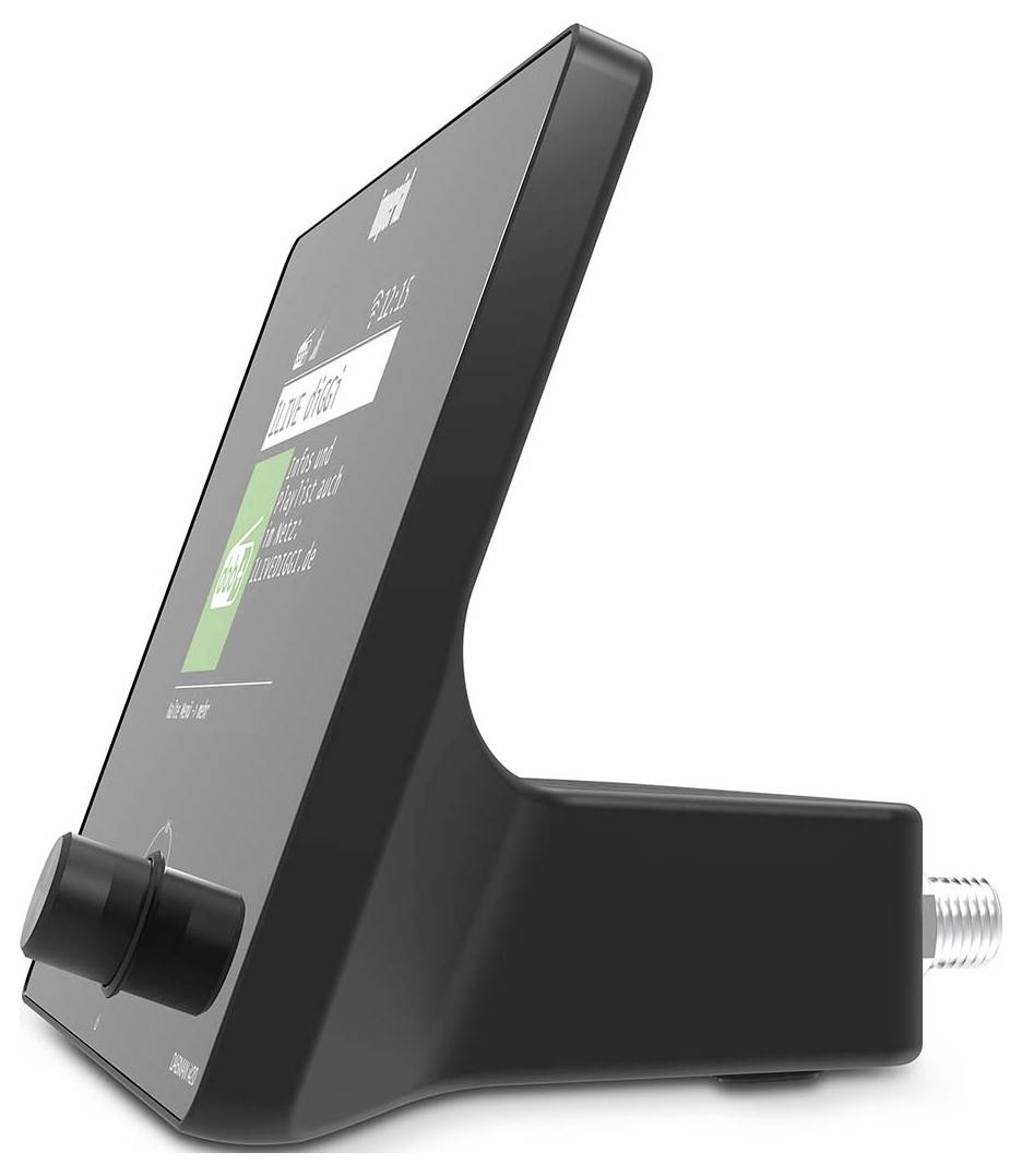 Ein schwarzes, abgewinkeltes digitales Gerät mit einem Bildschirm, auf dem Steuerungseinstellungen angezeigt werden, und einem Bedienknopf, der auf die Anpassung elektronischer Einstellungen hindeutet.