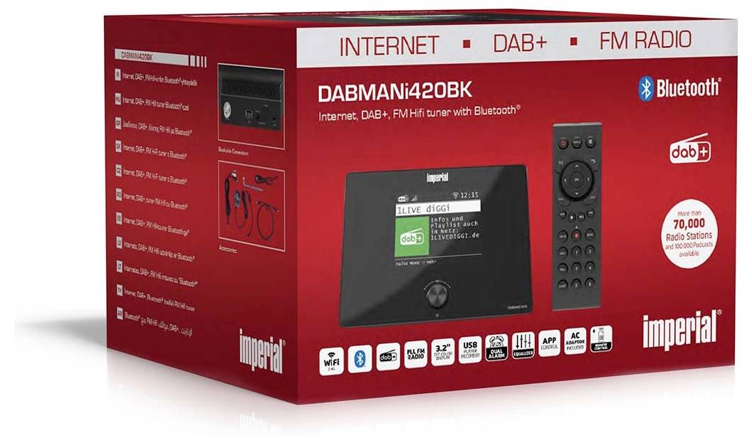 Die Box des 'Imperial Dabman i420' zeigt einen Digitalradio-Empfänger mit Internet-, DAB+-, UKW- und Bluetooth-Funktionen. Enthält über 70.000 Radiostationen.