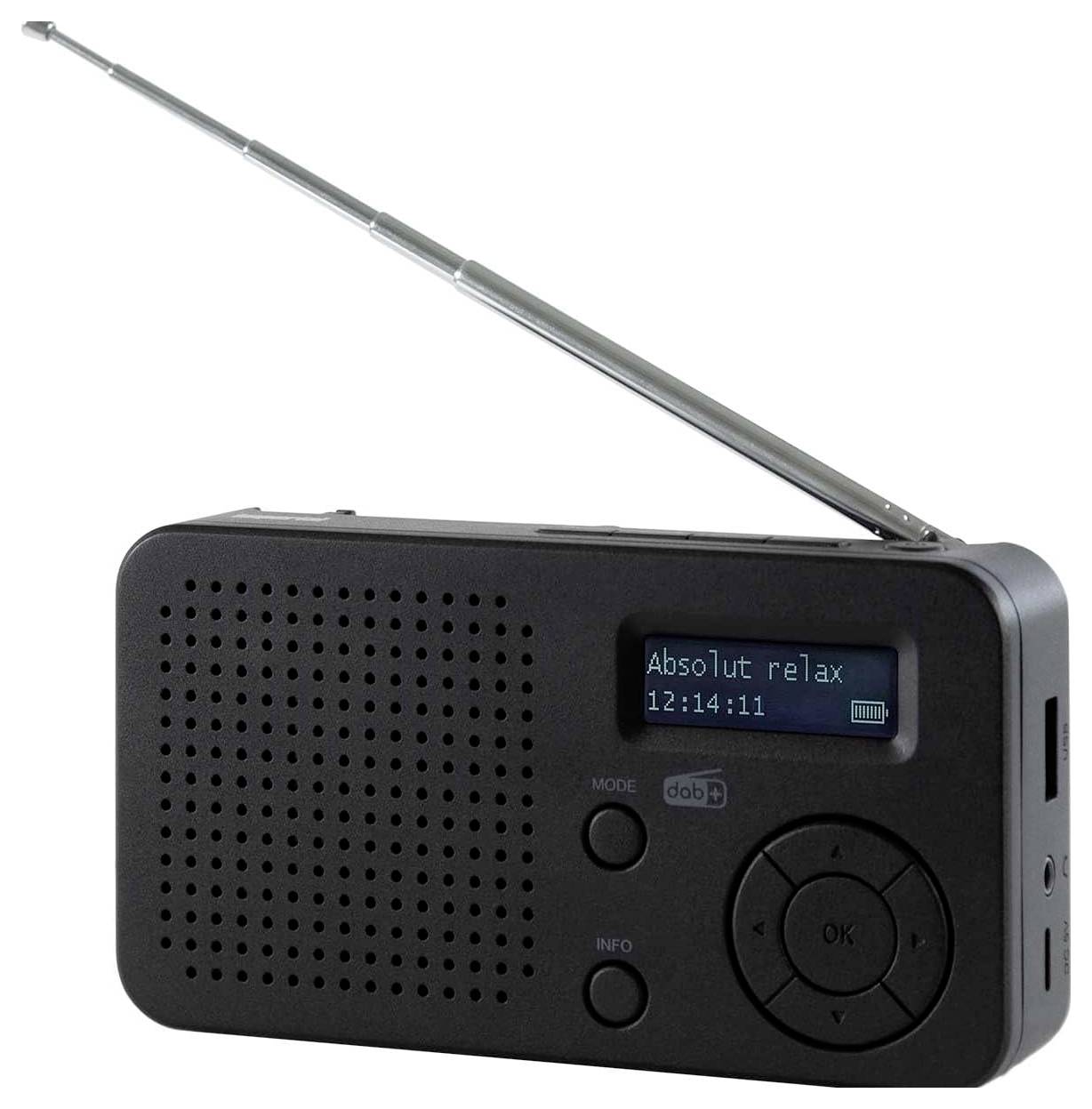 Ein kleines schwarzes tragbares Radio mit ausgefahrener Antenne. Das Display zeigt „Absolut relax