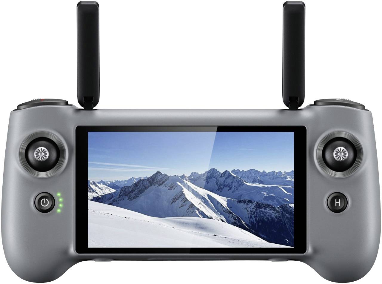 Ein Drohnensteuerelement mit einem Bildschirm, auf dem eine verschneite Berglandschaft angezeigt wird. Der Regler hat zwei Joysticks und Schaltflächen zur Navigation.