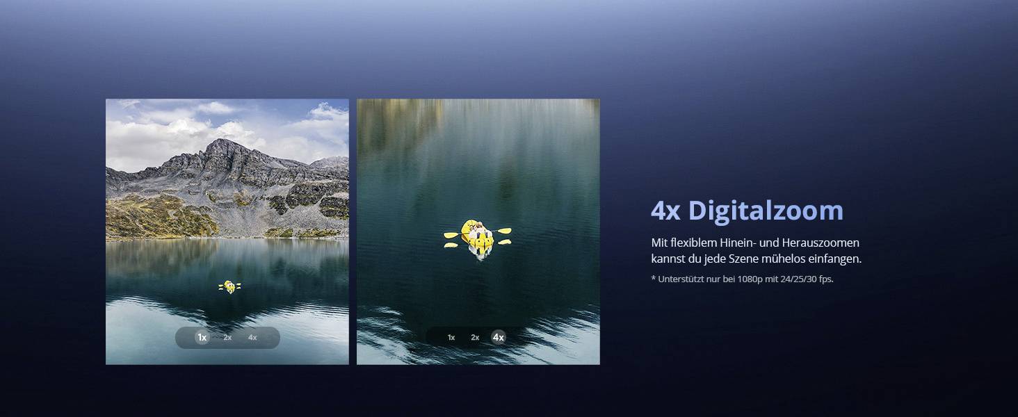 Bild mit zwei Fotos eines Sees und von Bergen. Links ist eine Weitwinkelaufnahme; rechts ist eine vergrößerte Aufnahme mit der Funktion „4x Digitalzoom