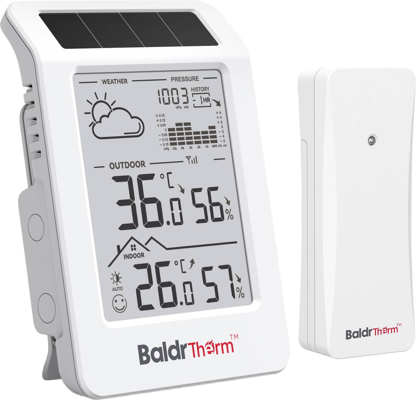 Digitale Wetterstation mit Solarpanel, zeigt Wettersymbol, Luftdruck 1003 hPa, außen 36,0°C und 56% Luftfeuchte, innen 26,0°C und 57% Luftfeuchte; Sensoreinheit daneben.