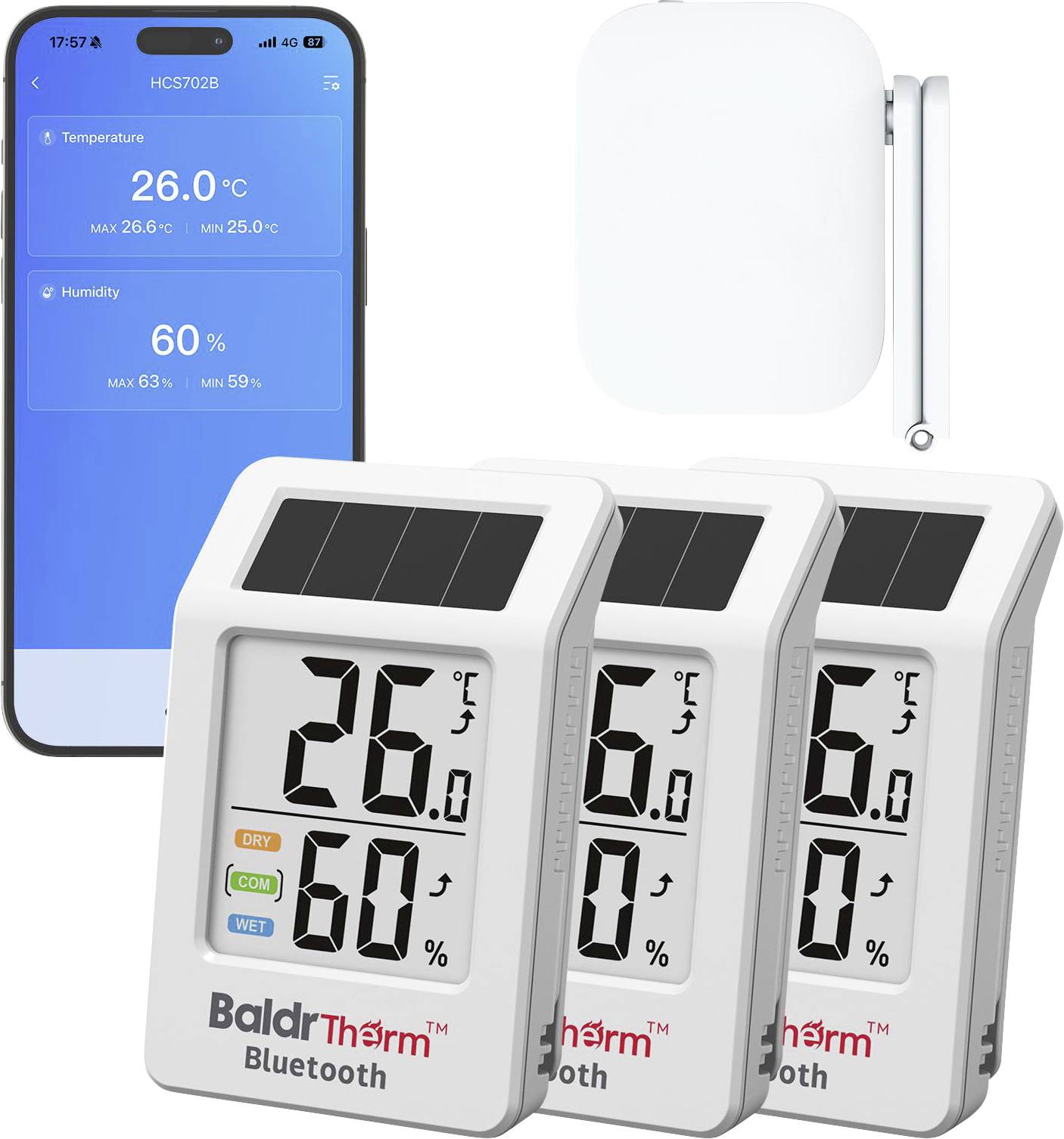 Bluetooth-Digitalthermometer- und Hygrometer-Set mit Smartphone-App-Anzeige, die 26,0°C und 60% Luftfeuchtigkeit zeigt, sowie Sensor und drei drahtlose Geräte.