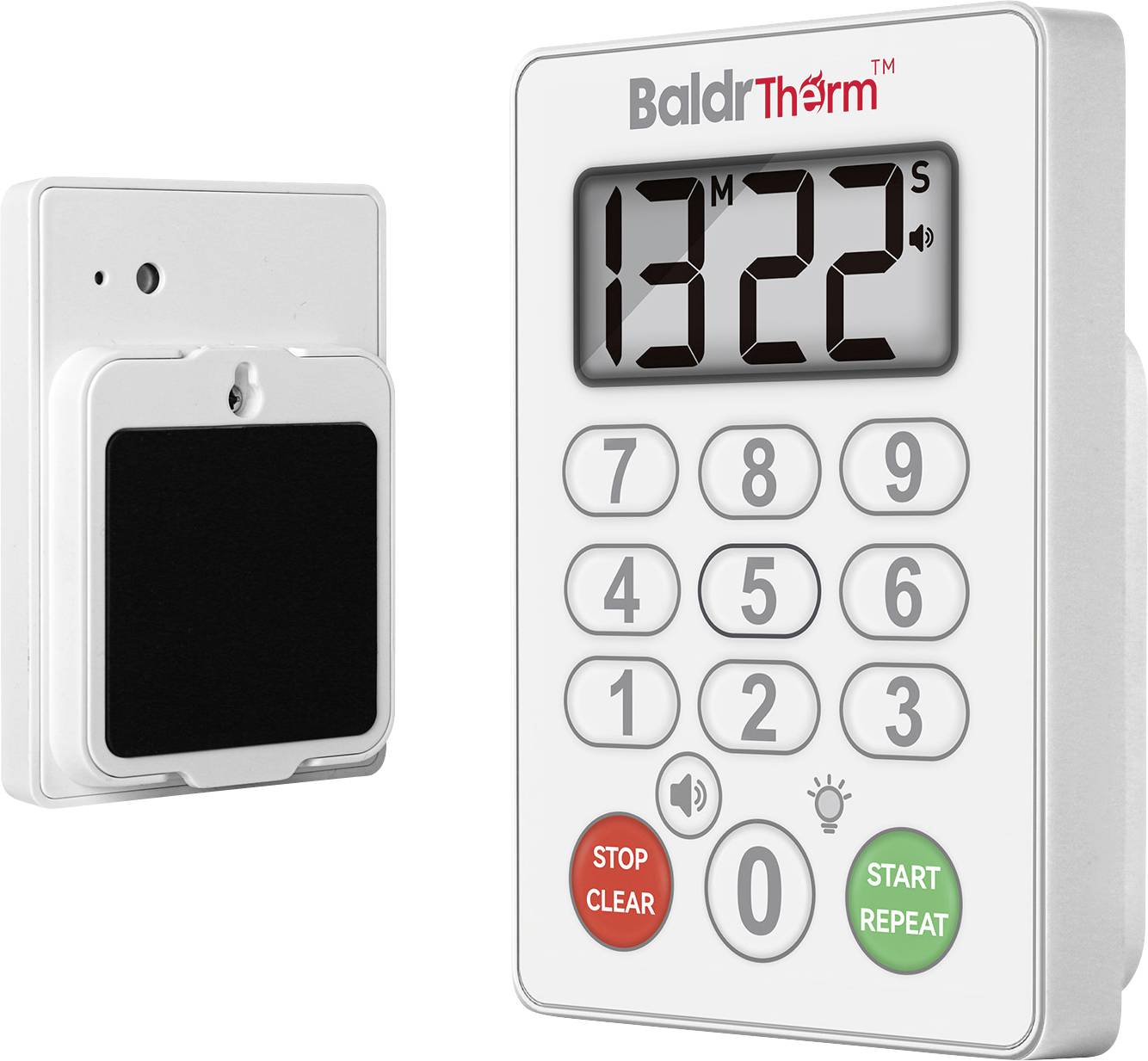 BaldTherm digitale Wanduhr mit Empfänger, zeigt 13:22 auf dem Display mit Tastaturtasten, Start-/Wiederholungs- und Stopp-/Lösch-Tasten.