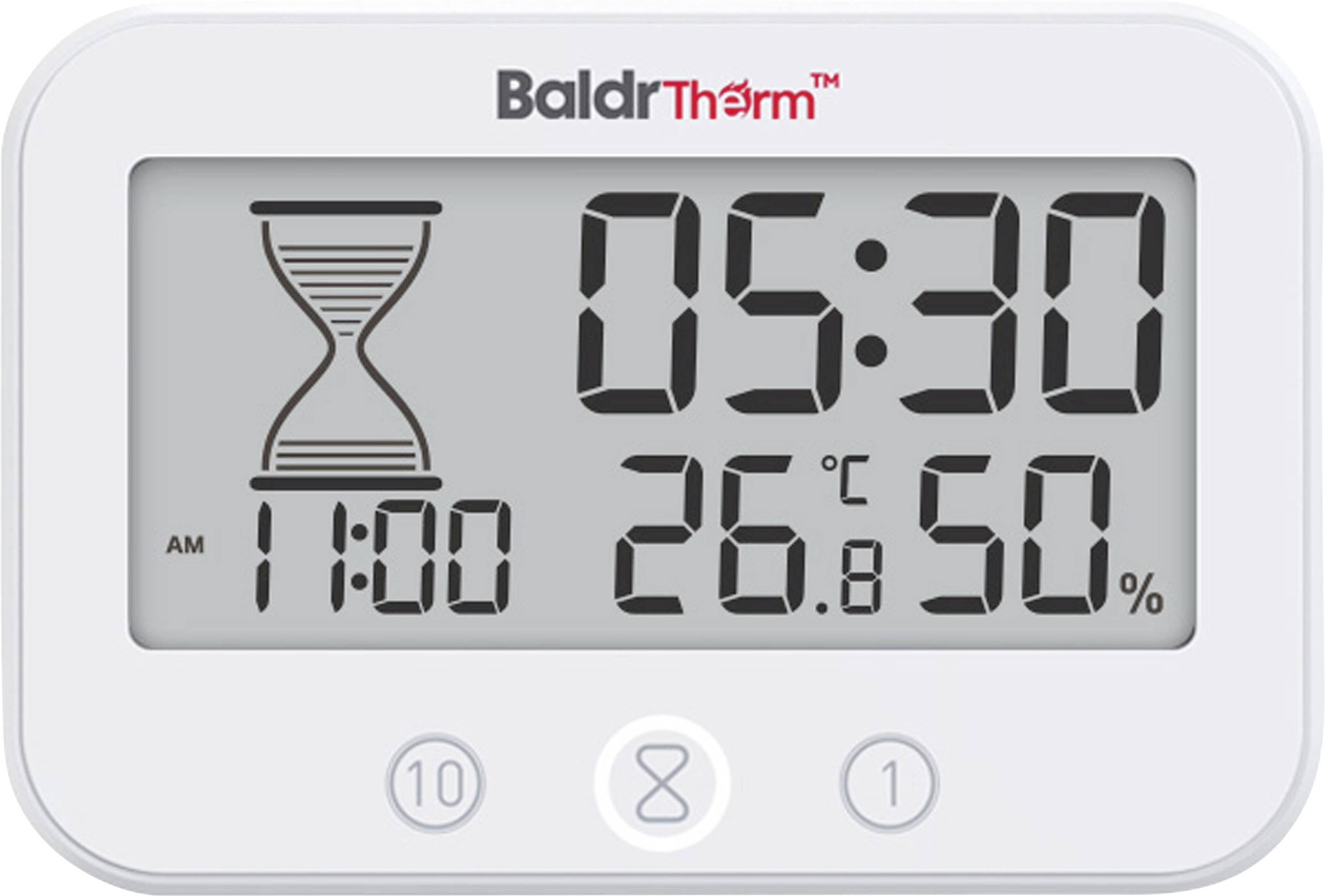 Digitales Thermometer- und Hygrometer-Display zeigt 05:30, 26,8°C und 50% Luftfeuchtigkeit an, mit einem Timer-Symbol und einem 11:00-Uhr-Indikator.