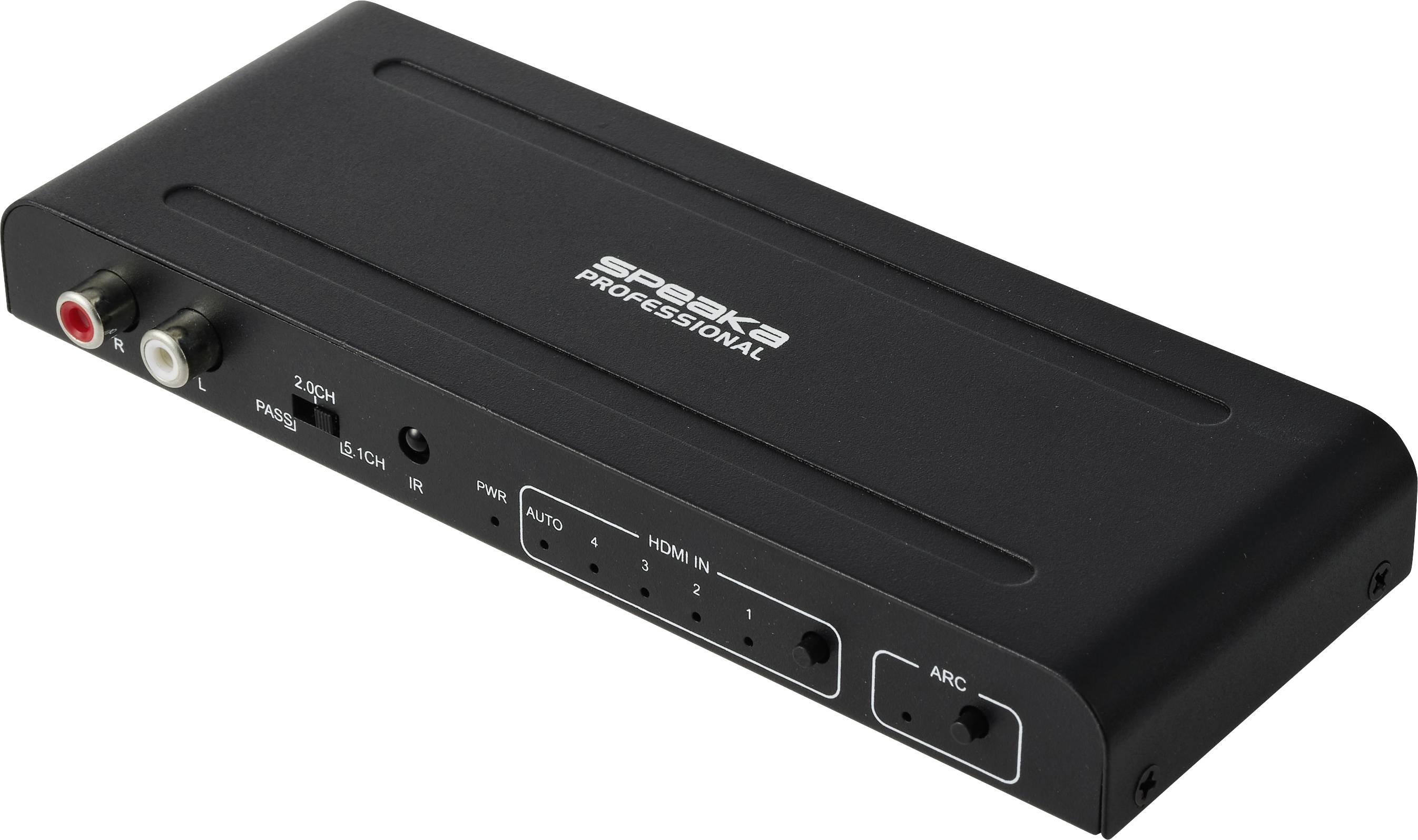 Black Speaka Professioneller Audio-Switcher mit RCA-Audioeingängen und beschrifteten HDMI-Steuerungen auf der Frontplatte.