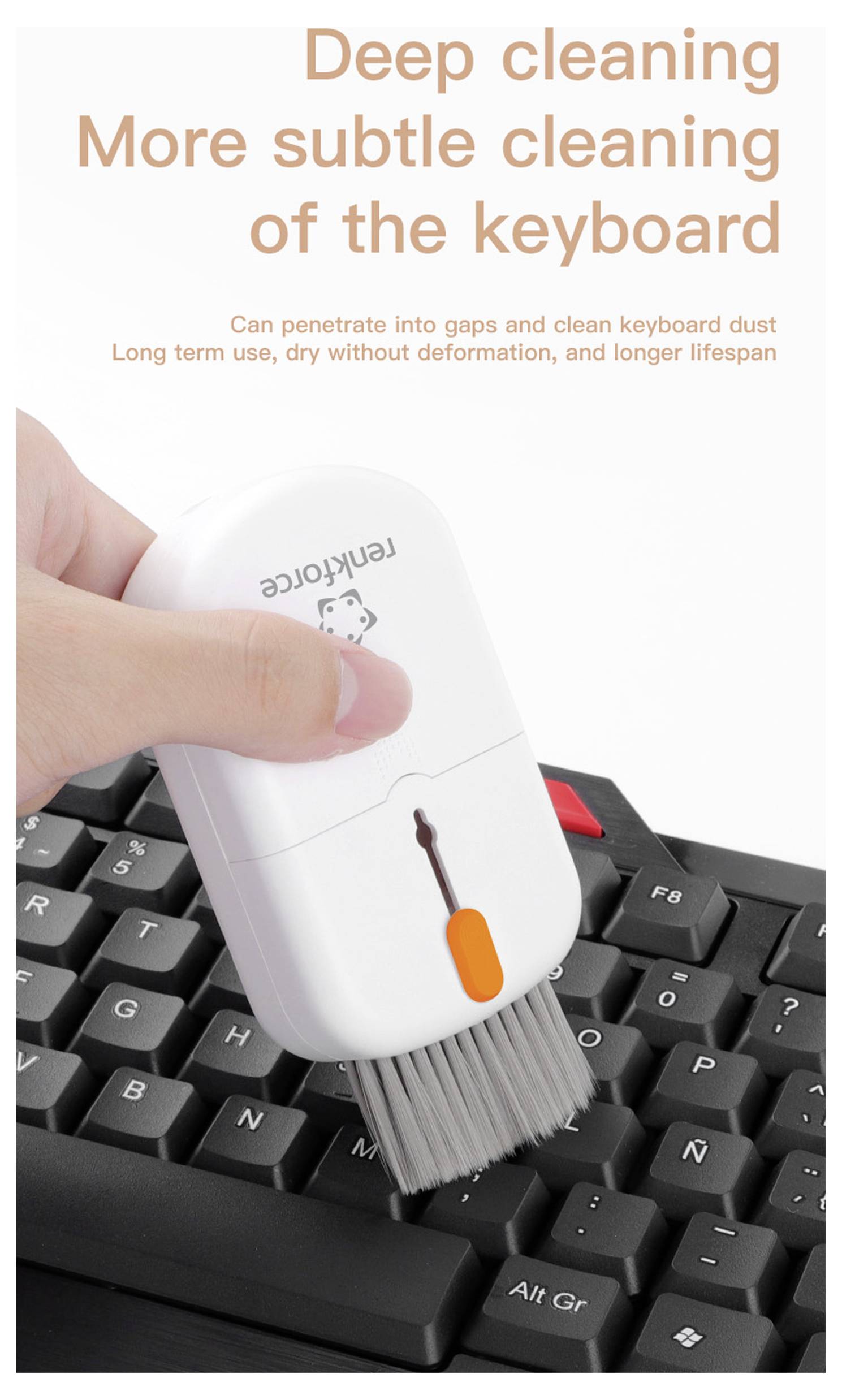 Hand mit einer weißen Tastaturreinigungs-Bürste mit dem Text „Tiefenreinigung. Subtilere Reinigung der Tastatur.