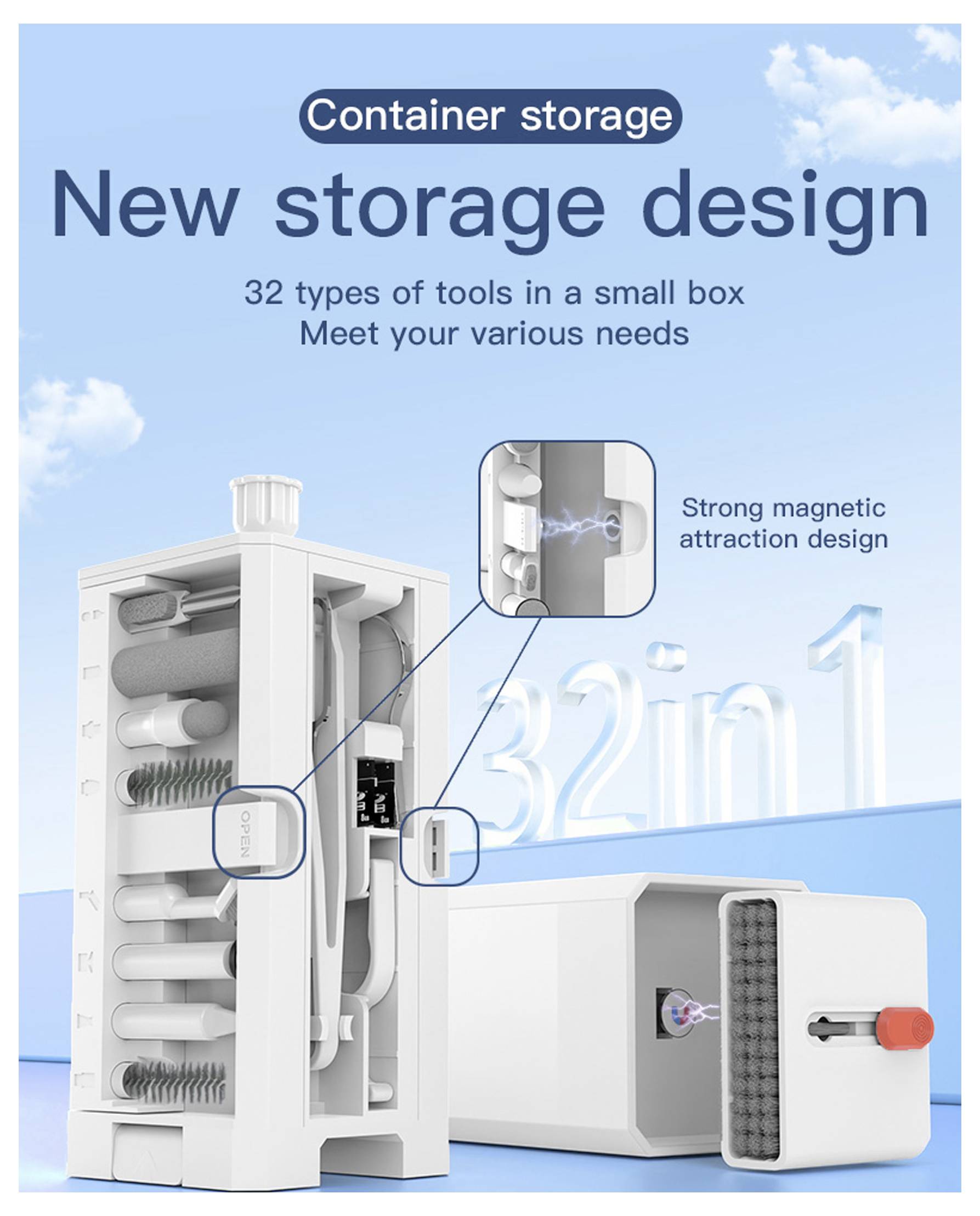 Containerlagerung: Neues Lagerungsdesign. 32 Arten von Werkzeugen in einer kleinen Box. Erfüllt Ihre verschiedenen Anforderungen. Starkes Magnetanziehungsdesign.