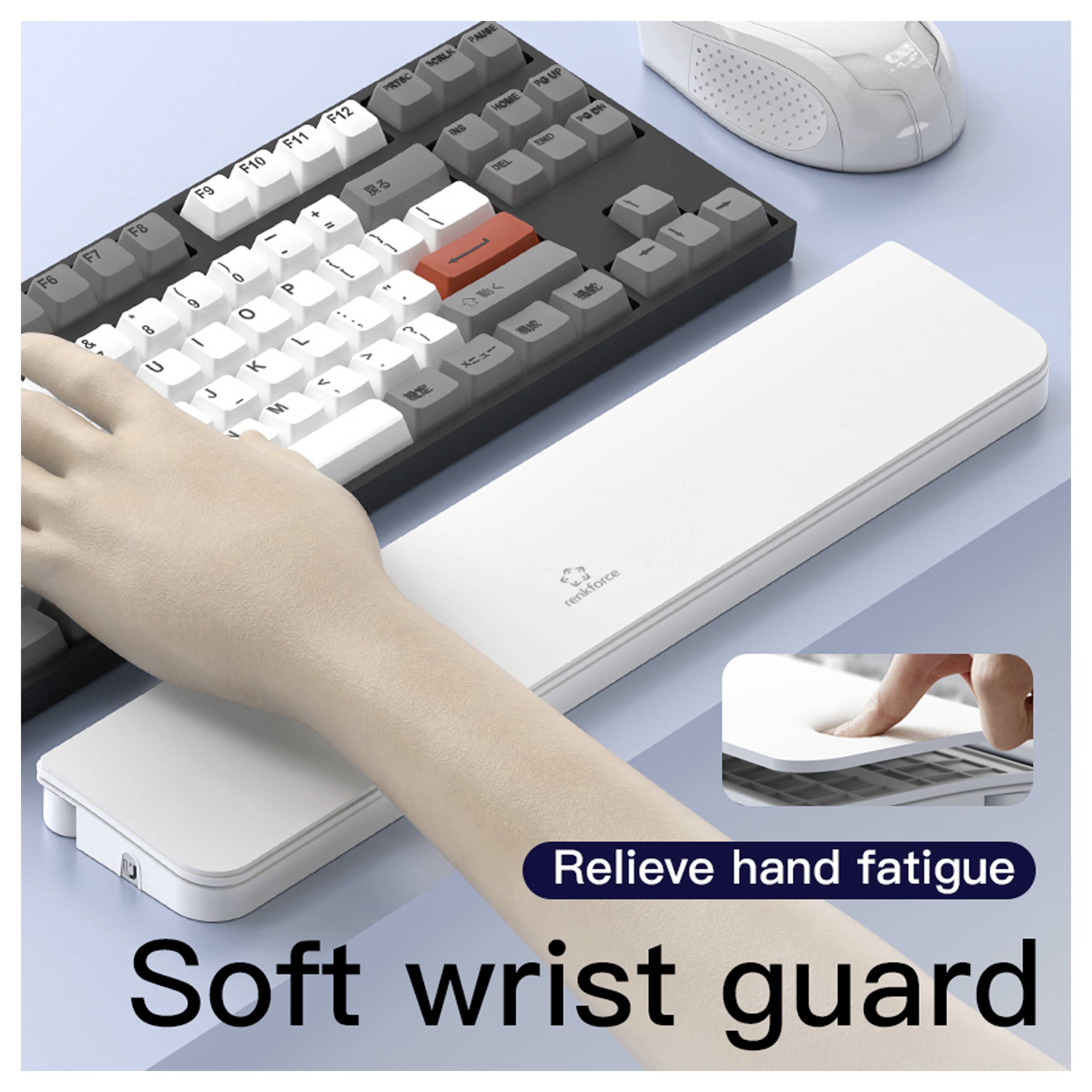 Eine Hand ruht auf einer weißen Handgelenkstütze vor einer Tastatur. Der Text lautet „Handfatigue lindern