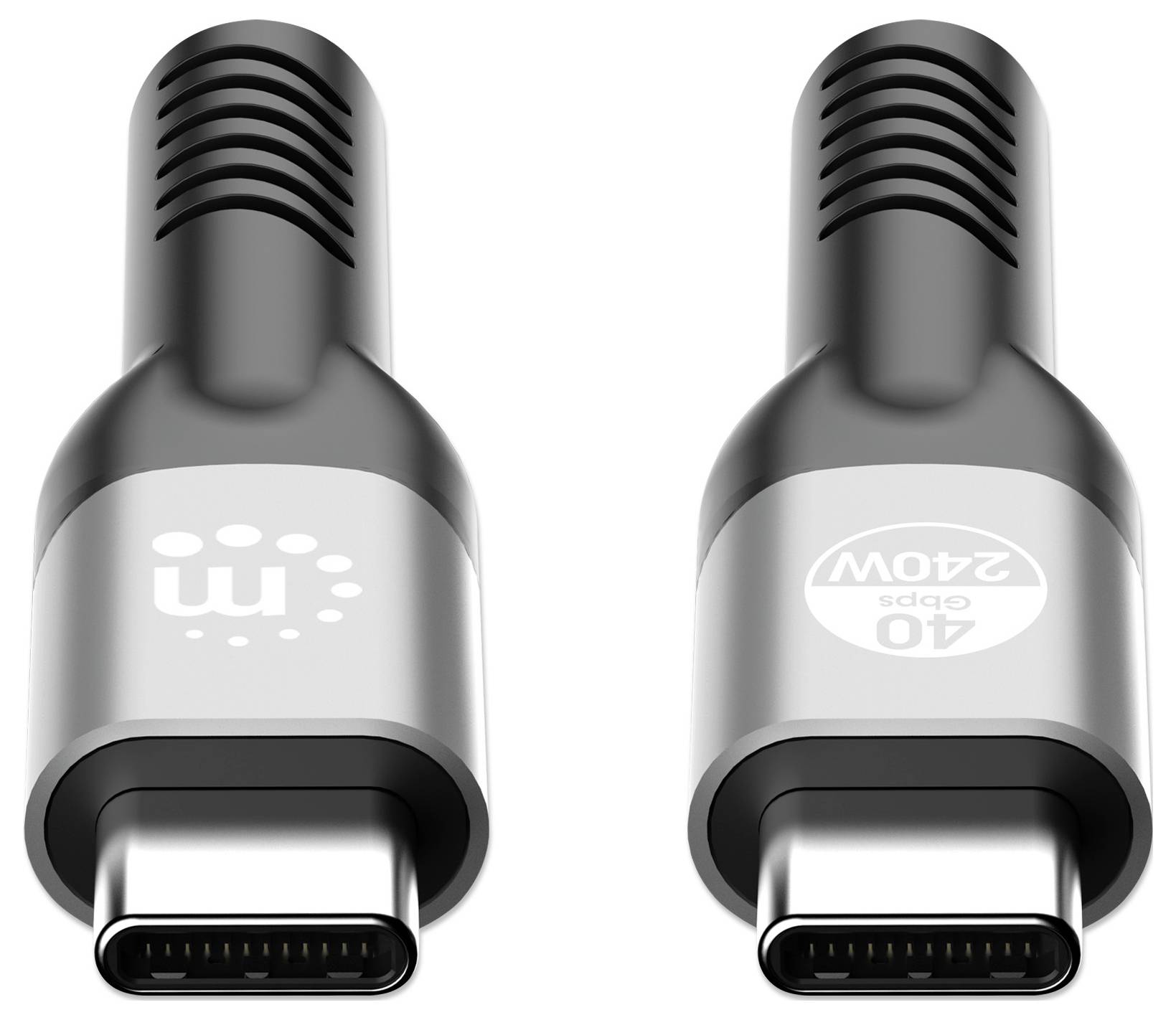 Zwei USB-C-Kabelstecker, einer mit Logo und der andere mit der Bezeichnung 40 Gbps 240 W, die hohe Geschwindigkeit und Leistungsfähigkeit demonstrieren.