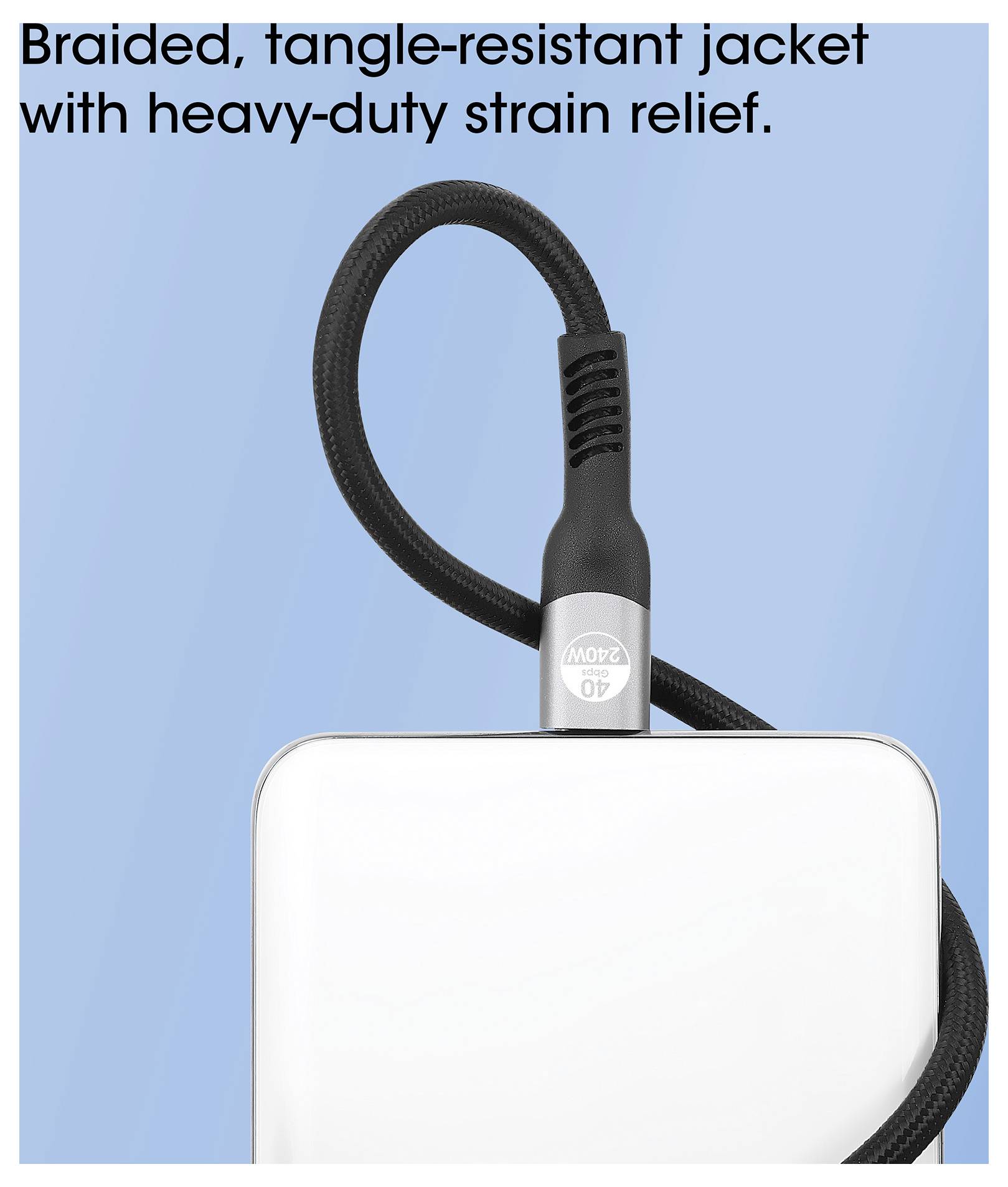 Ein geflochtenes Kabel mit Zugentlastung ist mit einem Gerät verbunden. Der Text lautet: „Geflochtene, verdrehungsresistente Ummantelung mit robuster Zugentlastung.