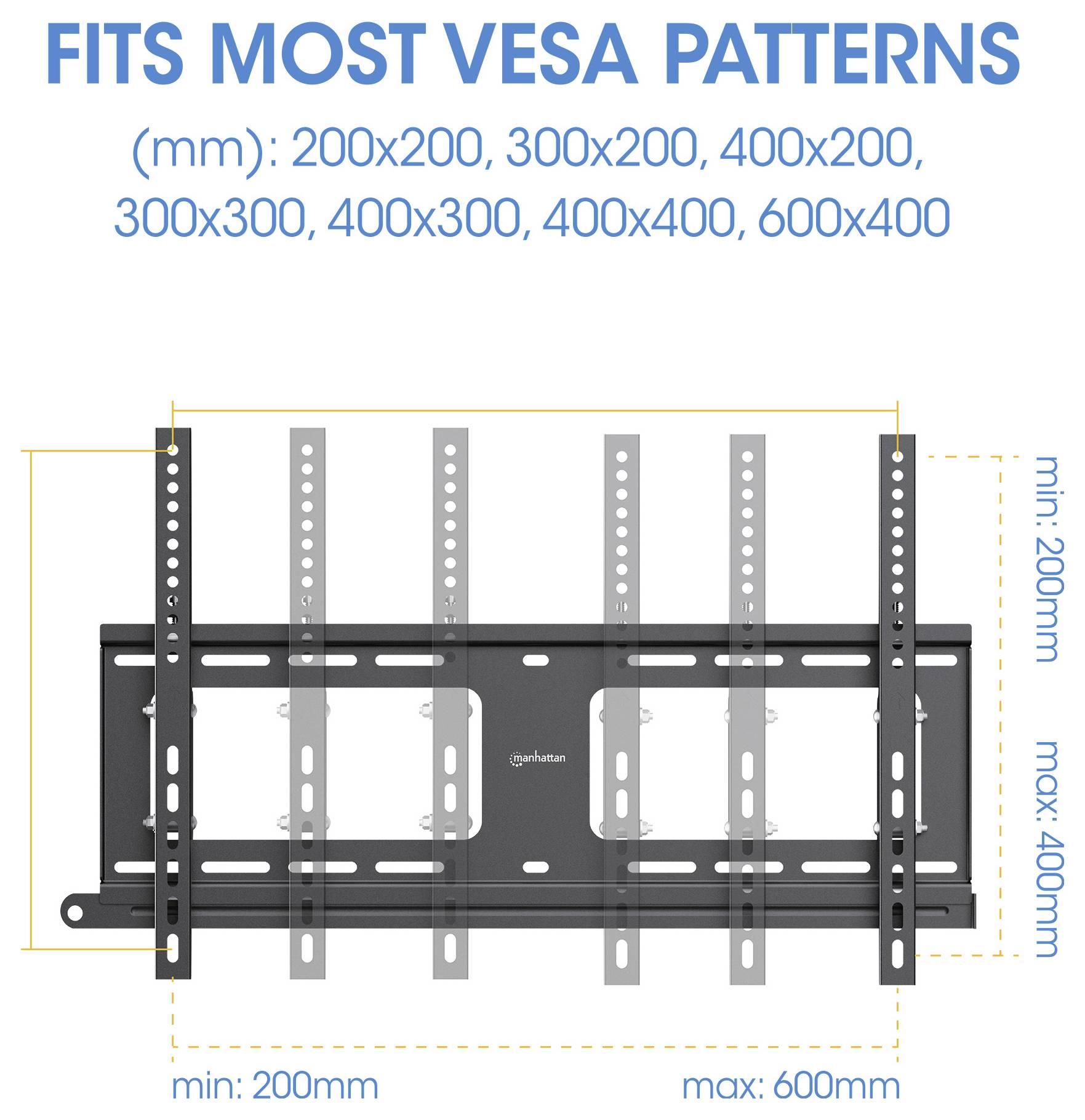 Wandmontagediagramm mit VESA-Kompatibilität: 200x200, 300x200, 300x300, 400x200, 400x300, 400x400, 600x400 mm.