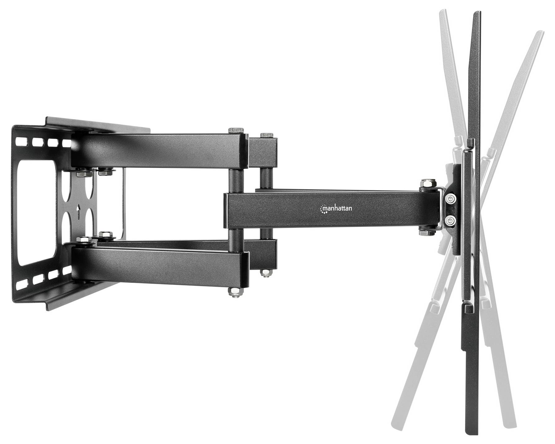 Verstellbare Wandhalterung für Flachbildschirme mit Neigung, Schwenkung und ausziehbarem Arm für optimale Betrachtungswinkel und Platzmanagement.
