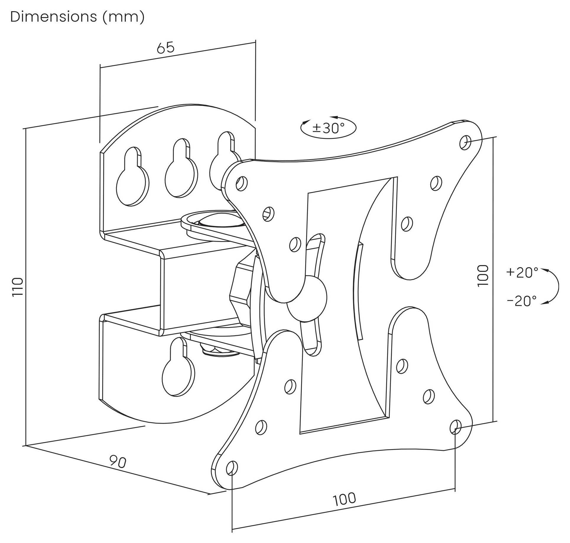 Wandmontageklammer-Diagramm mit Abmessungen: 110 mm Höhe, 100 mm Breite, 90 mm Tiefe. Neigung: ±20° vertikal, ±30° horizontal.
