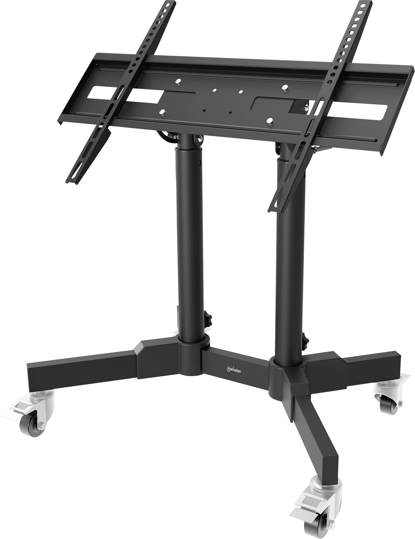 Ein mobiler TV-Ständer mit schwenkbarem Halterungssystem und arretierbaren Rädern, konzipiert zum Halten von Flachbildfernsehern, geeignet für verschiedene Betrachtungswinkel.