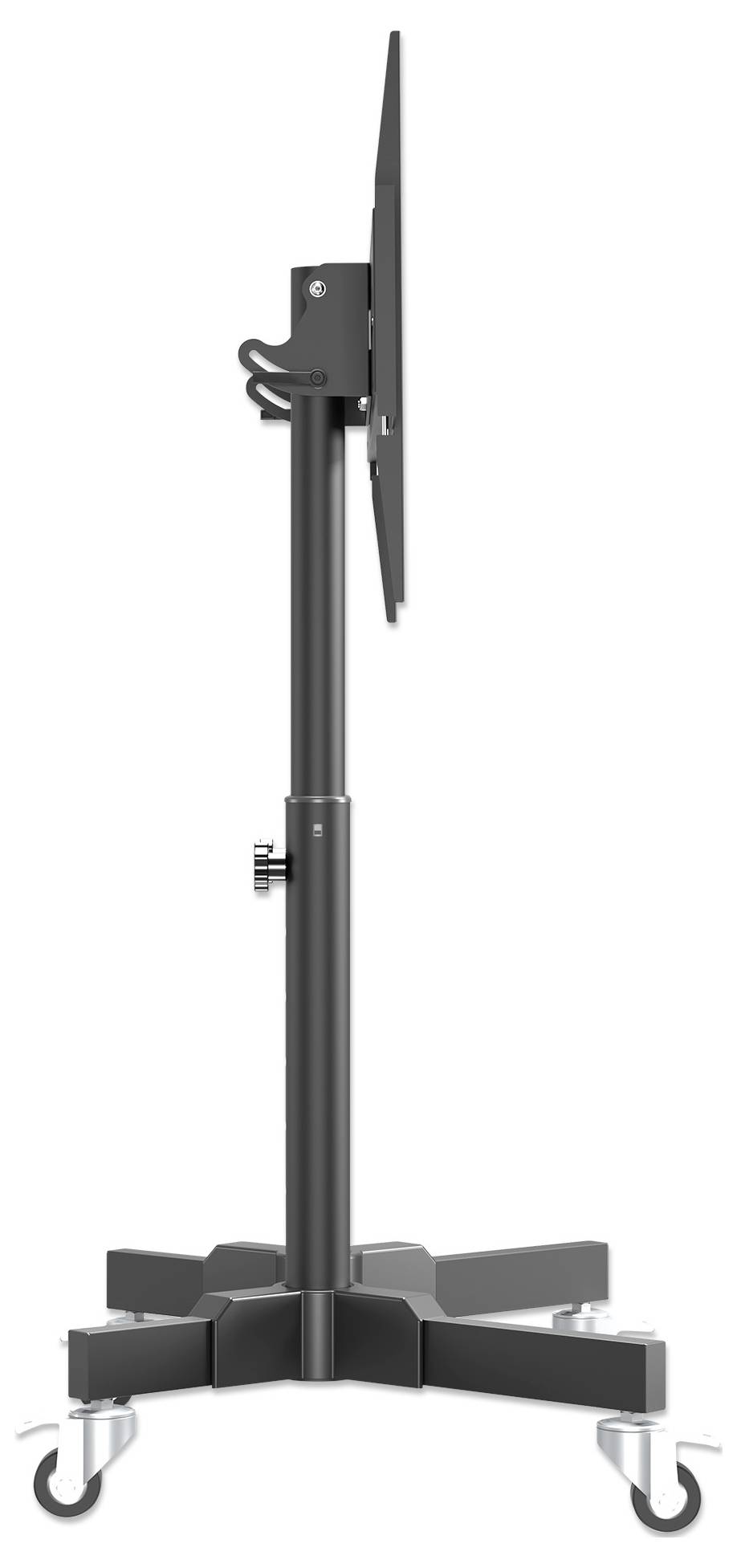 Ein fahrbarer schwarzer Monitorständer mit verstellbarer Höhe, ausgestattet mit vier Rädern an der Basis und geeignet für mobile Displayanforderungen.