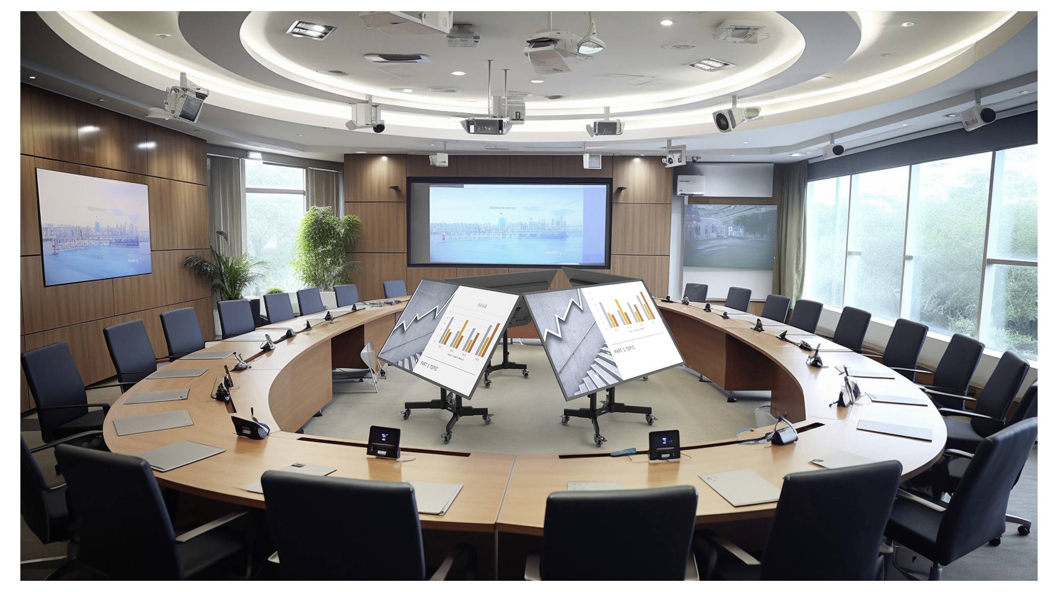 Ein moderner Konferenzraum mit einem großen ovalen Tisch und Stühlen, mit zwei Bildschirmen, auf denen Balken- und Liniendiagramme angezeigt werden. Der Raum ist gut beleuchtet.