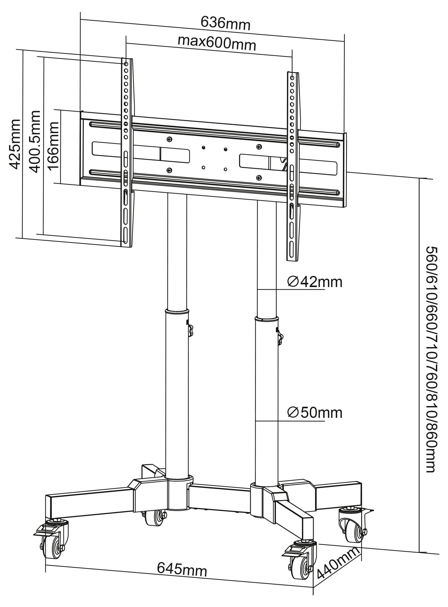 Diagramm eines Fernsehständers mit Abmessungen: Höhe 1660mm-1860mm, Breite 636mm, Tiefe 645mm, maximale TV-Breite 600mm. Beinhaltet verstellbaren Höhenpfosten und Rollen.