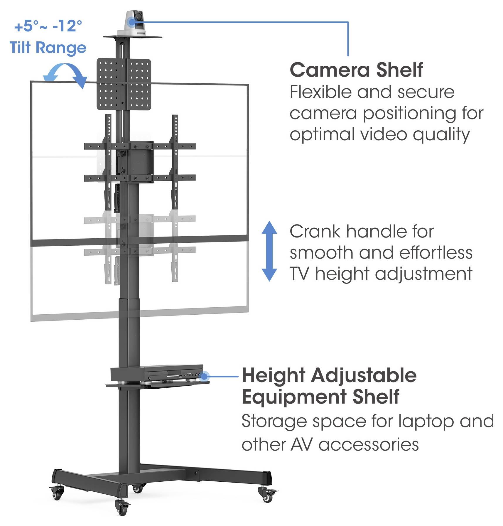Mobiler TV-Ständer mit verstellbarem Kameraablage, Kurbel zur Höhenverstellung des Fernsehgeräts und Ausrüstungsablage für AV-Zubehör.