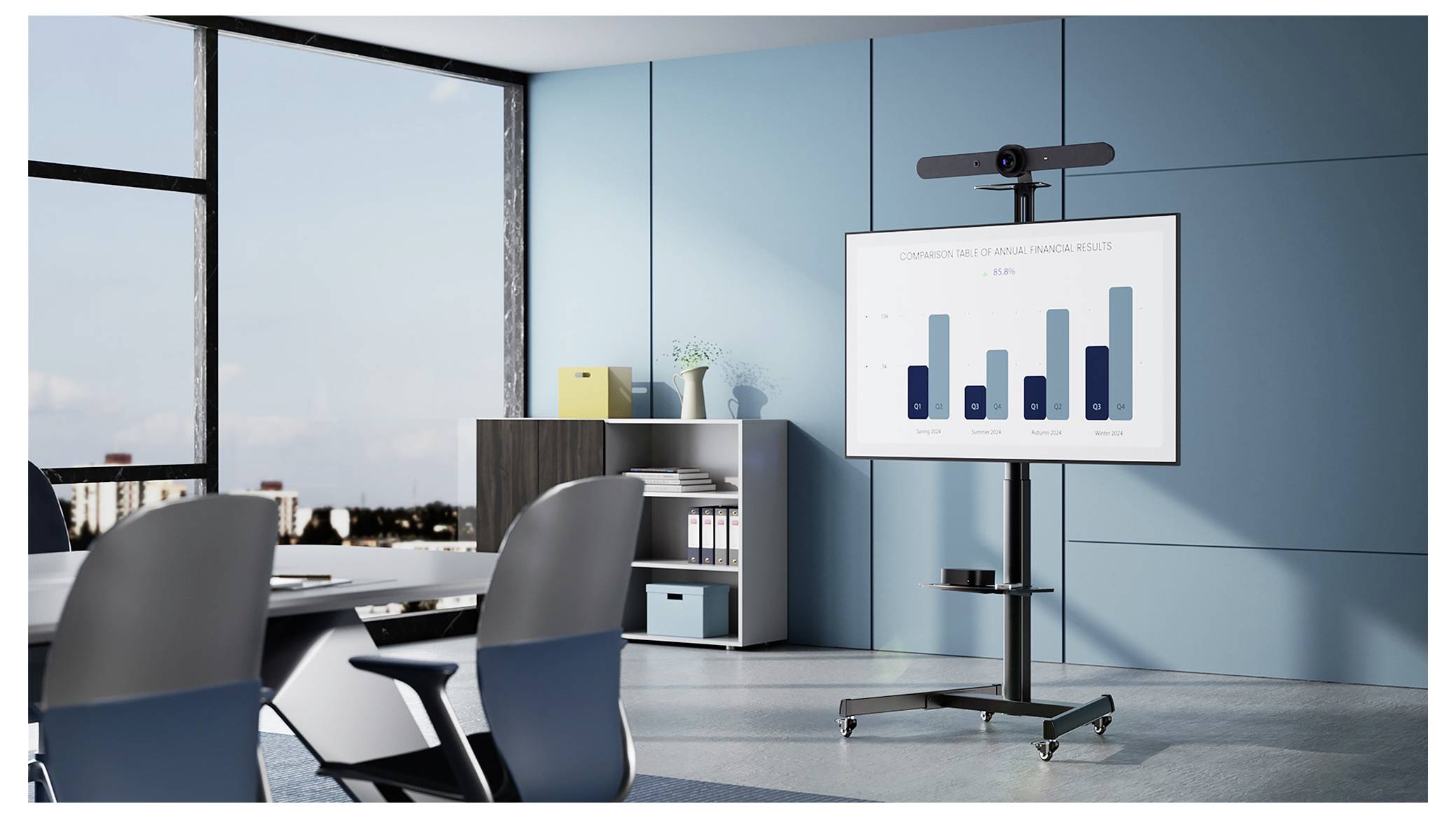 Manhattan TV-Rollwagen 94,0cm (37") - 218,4cm (86”) Neigbar, Höhenverstellbar Geräteablage, Handkurbel, Kameraablage