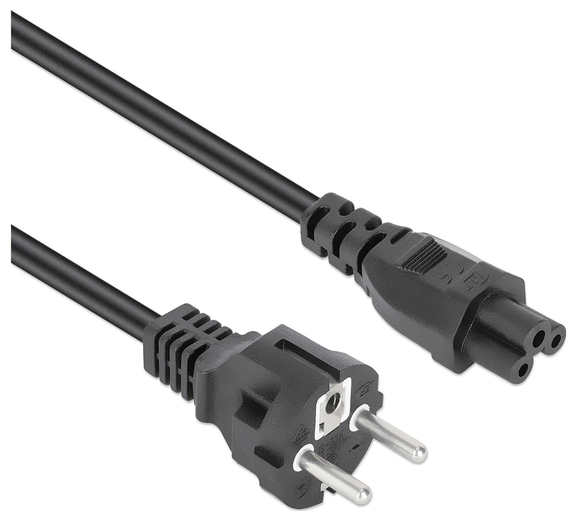 Europäischer zweipoliger Stecker und C5-Steckerverbinder Stromkabel, schwarz, verwendet zum Anschluss elektronischer Geräte an Stromquellen.