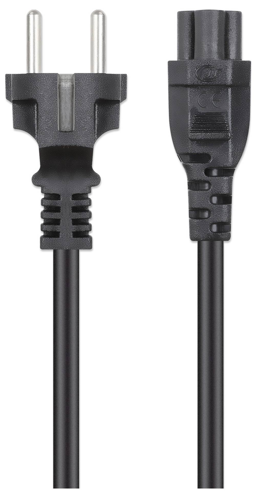 Schwarzes Stromkabel mit europäischem Stecker auf einer Seite und C7-Steckanschluss auf der anderen Seite.