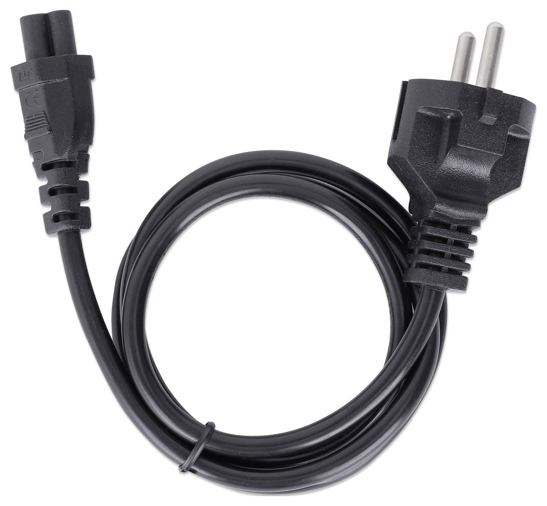 Ein schwarzes Stromkabel mit einem europäischen Stecker auf der einen Seite und einem Achterstecker auf der anderen Seite, in einer Schleife aufgerollt.