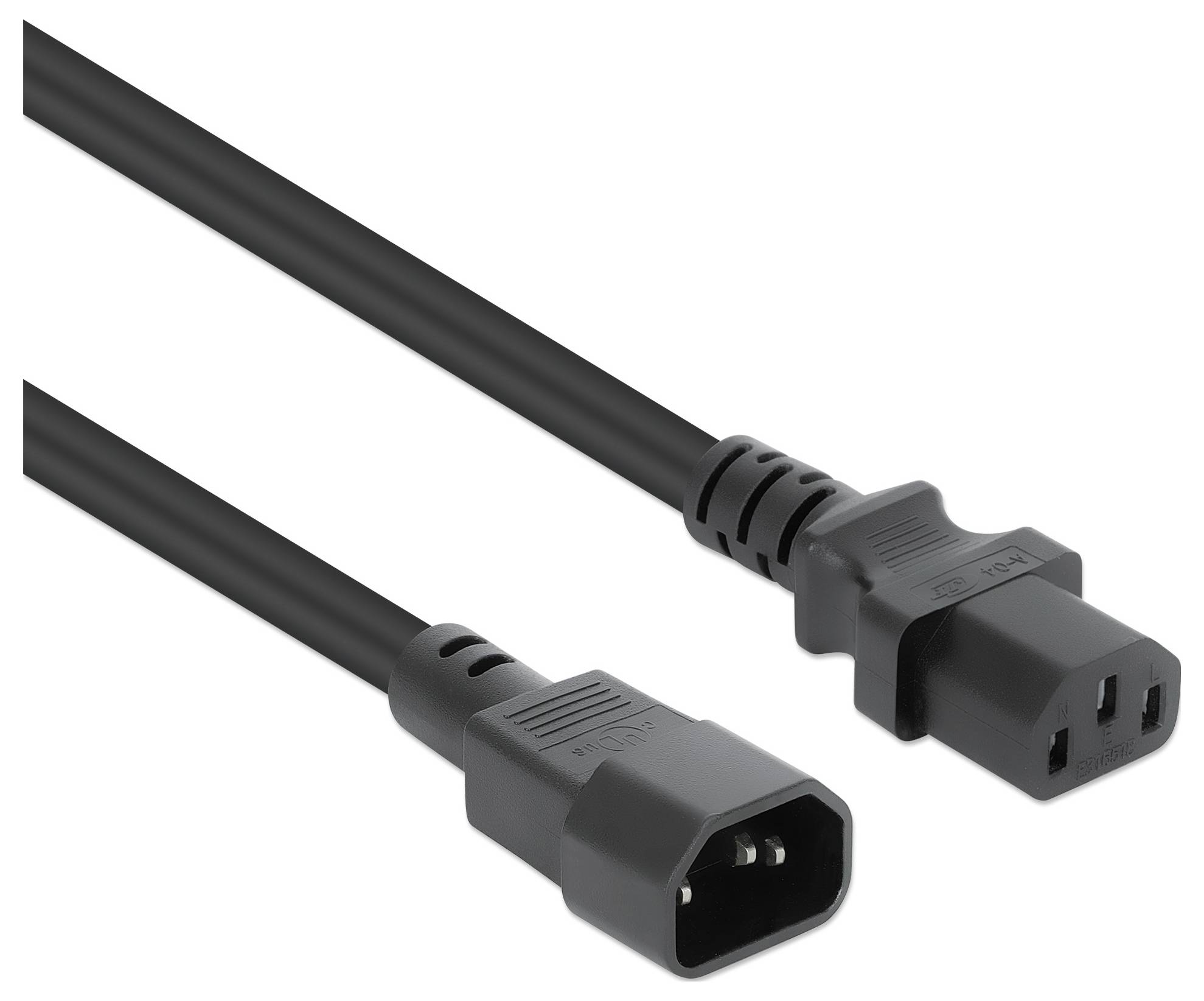 Ein schwarzes Stromkabel mit zwei Steckverbindern an jedem Ende: ein C13-Stecker (links) und ein C14-Stecker (rechts), das zum Verbinden von elektronischen Geräten mit Stromquellen verwendet wird.