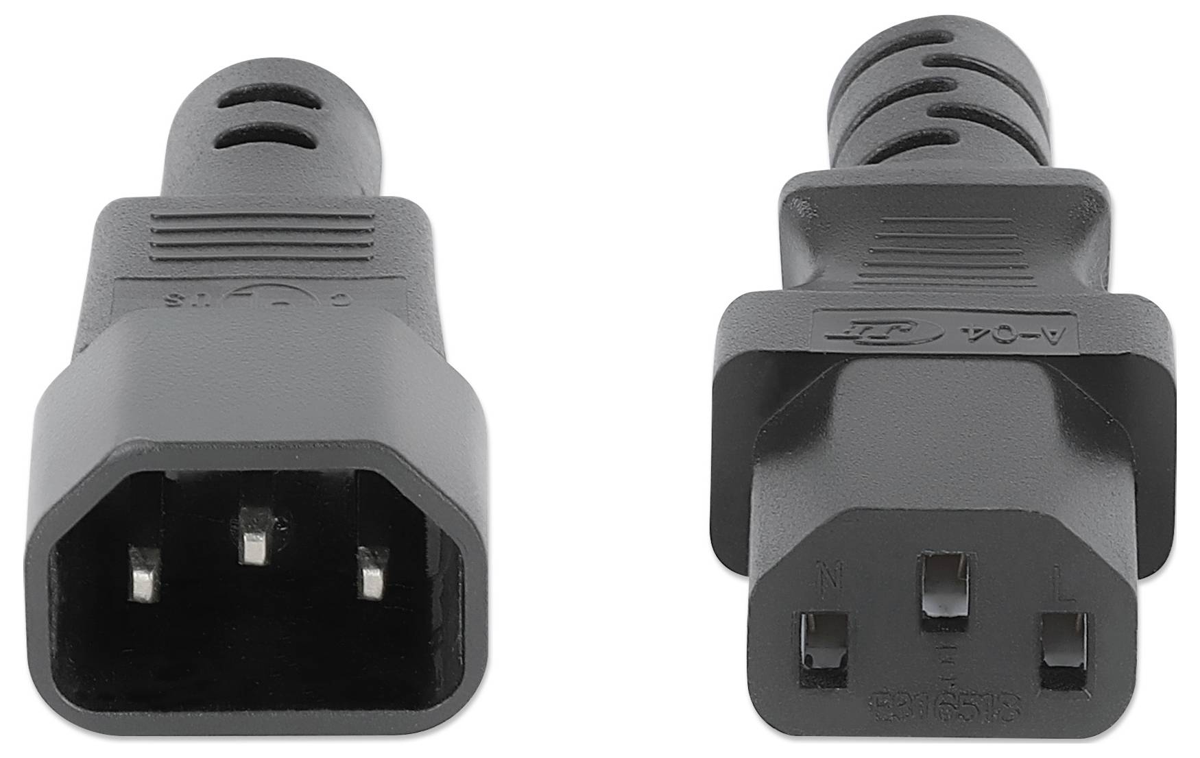 Zwei schwarze Stromstecker, Vorder- und Rückansicht. Jeder hat drei Stifte und Nuten zur Verbindung, typisch für elektronische Geräte.