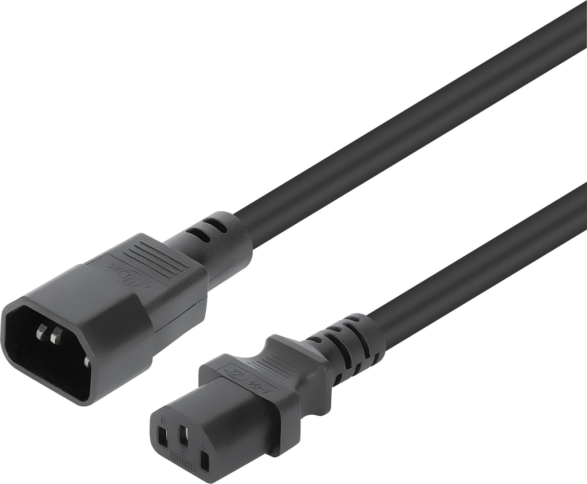 Schwarzes Stromkabel mit Stecker und Buchse an beiden Enden.