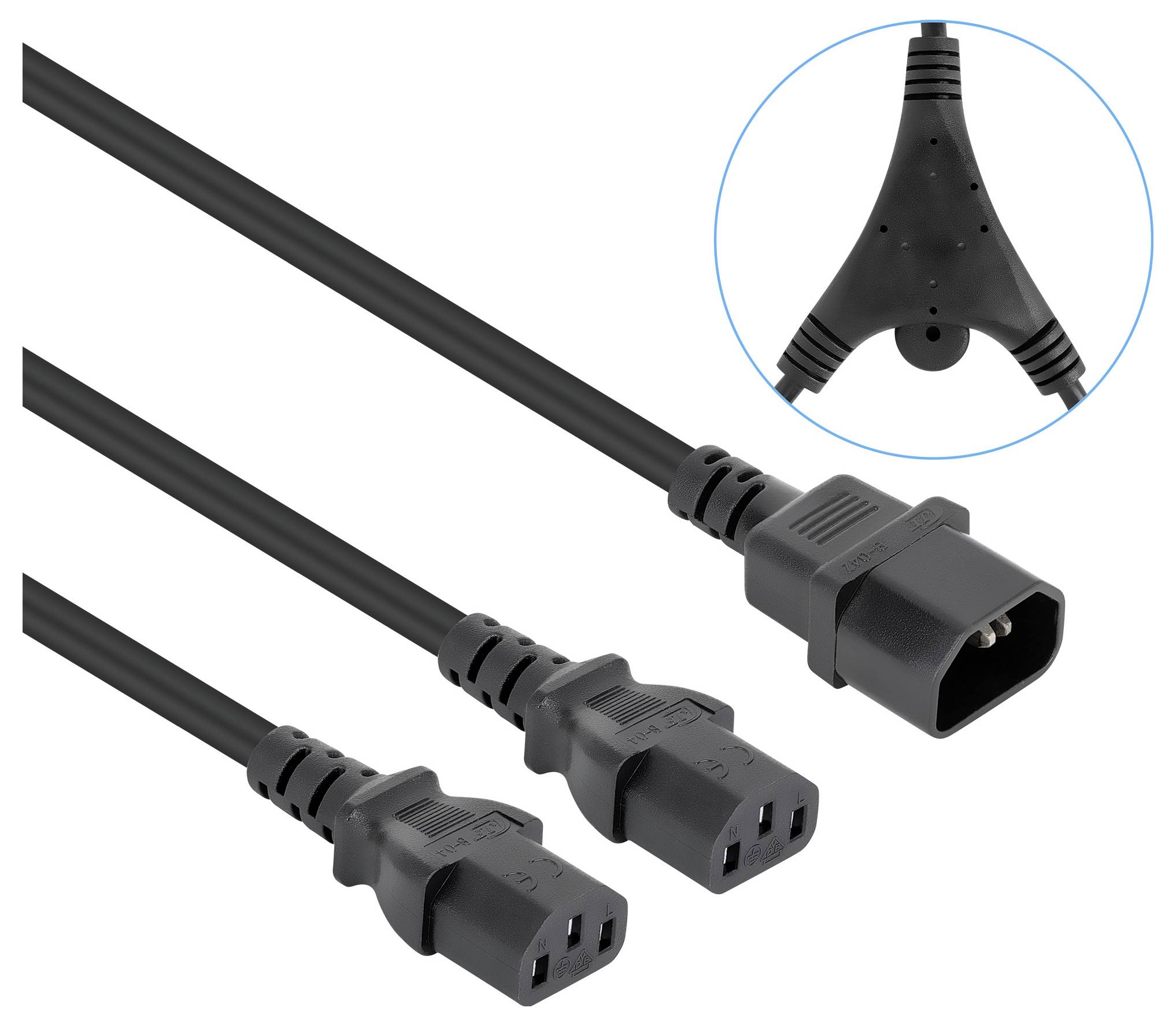 Schwarzes Y-Verteiler-Stromkabel mit einem männlichen Stecker und zwei weiblichen Steckern für Geräte. Die Einleitung zeigt eine Nahaufnahme der Kabelverbindung.